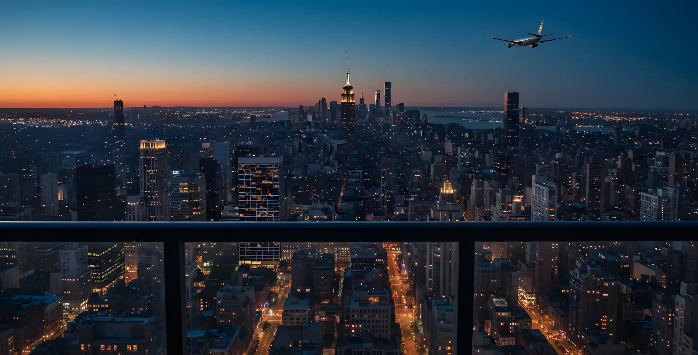 A distant jet descends over the glowing lights of Midtown Manhattan at dusk.