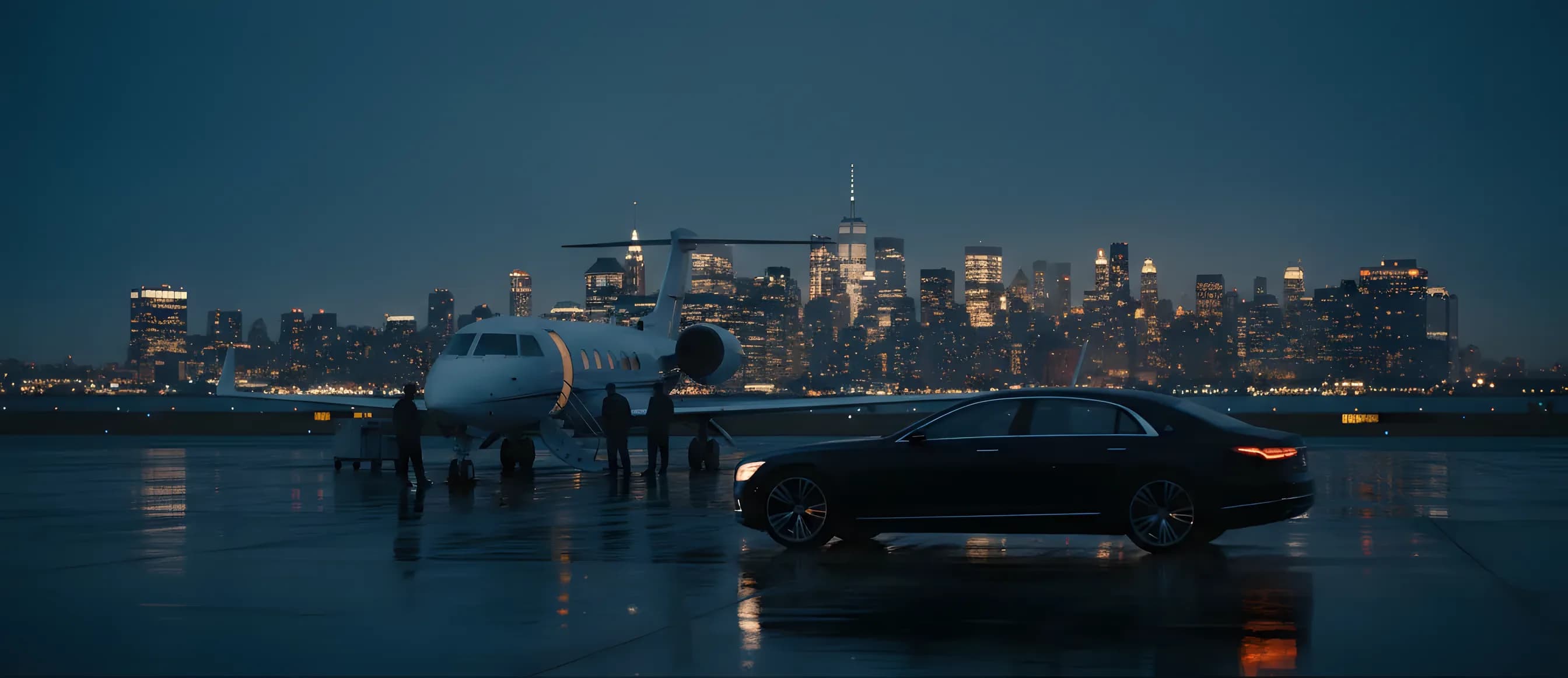 A black luxury sedan on an airport tarmac at dusk, with a private jet and the New York City skyline in the background.