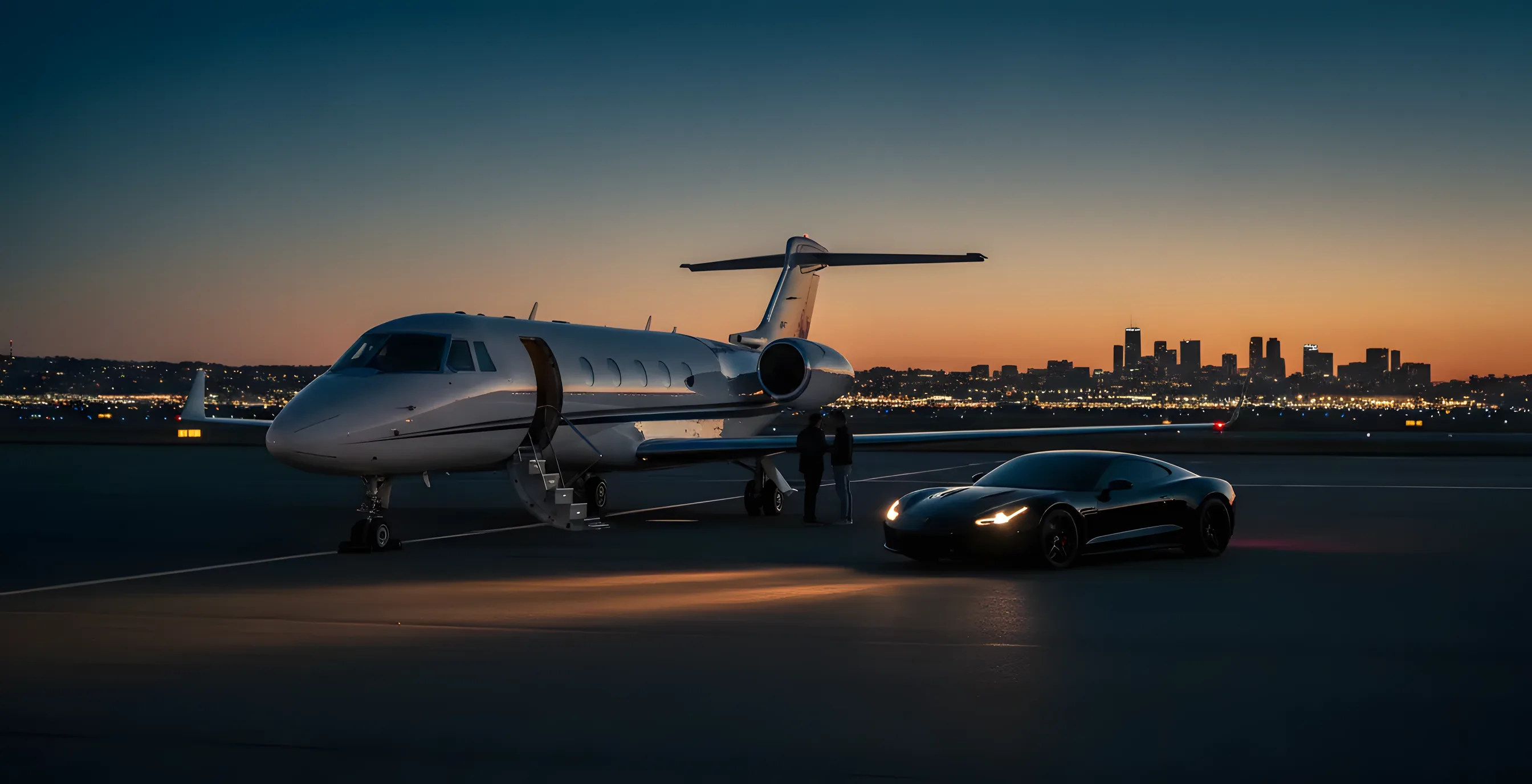 A private jet and a luxury car on an airport tarmac at dusk with a city skyline in the distance.