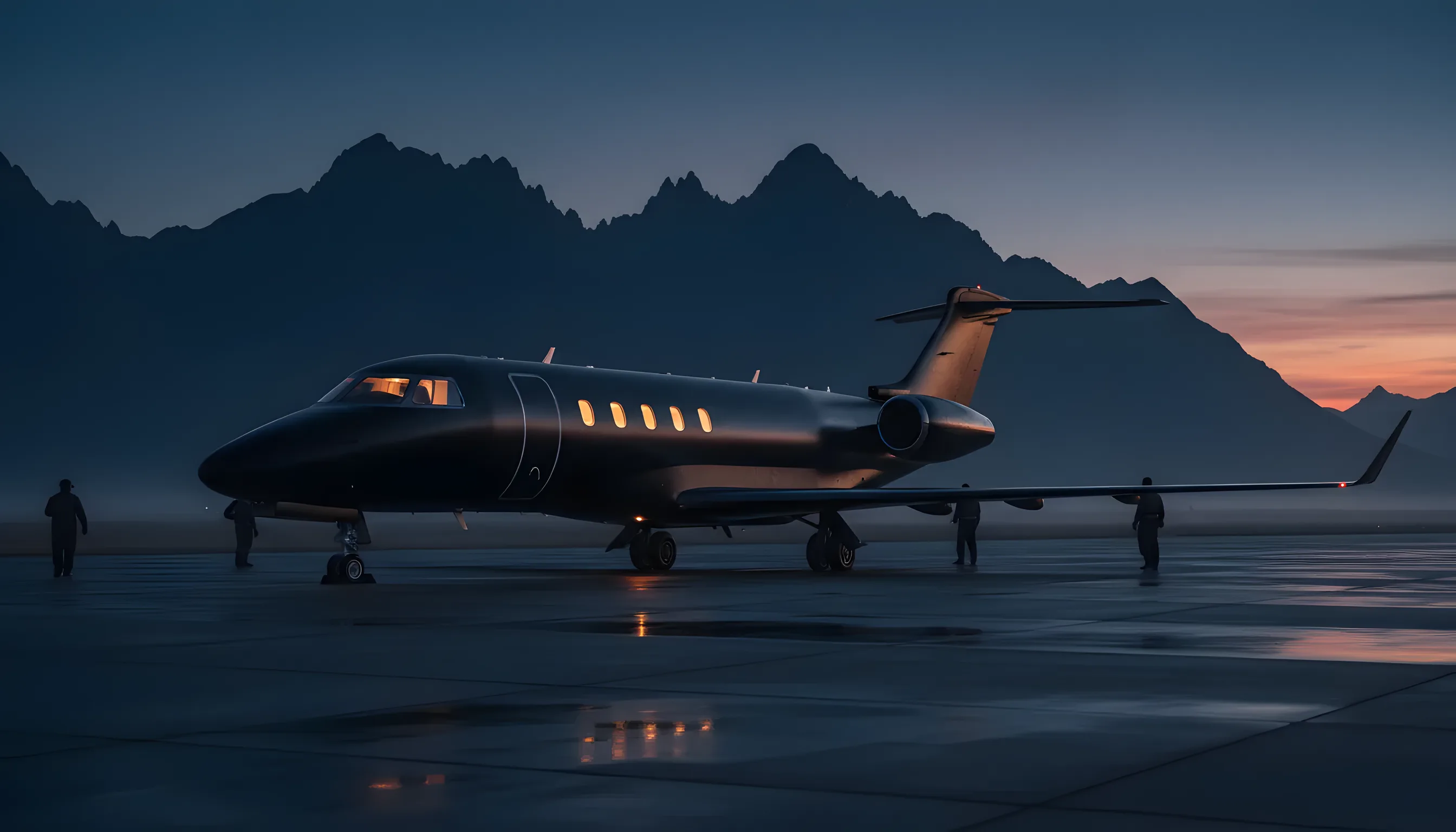 A private jet on an airfield with mountains in the background at dusk.