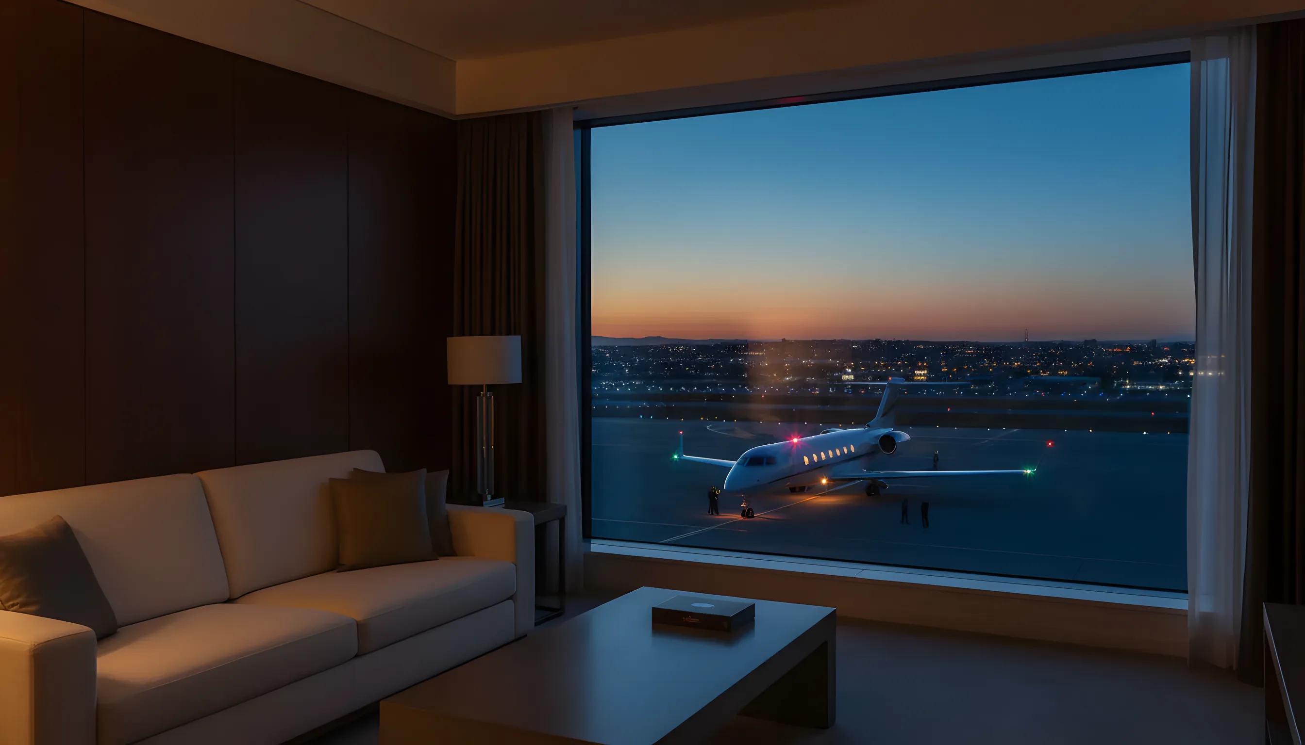 View from a luxury hotel room overlooking a private jet on an airfield at dusk.