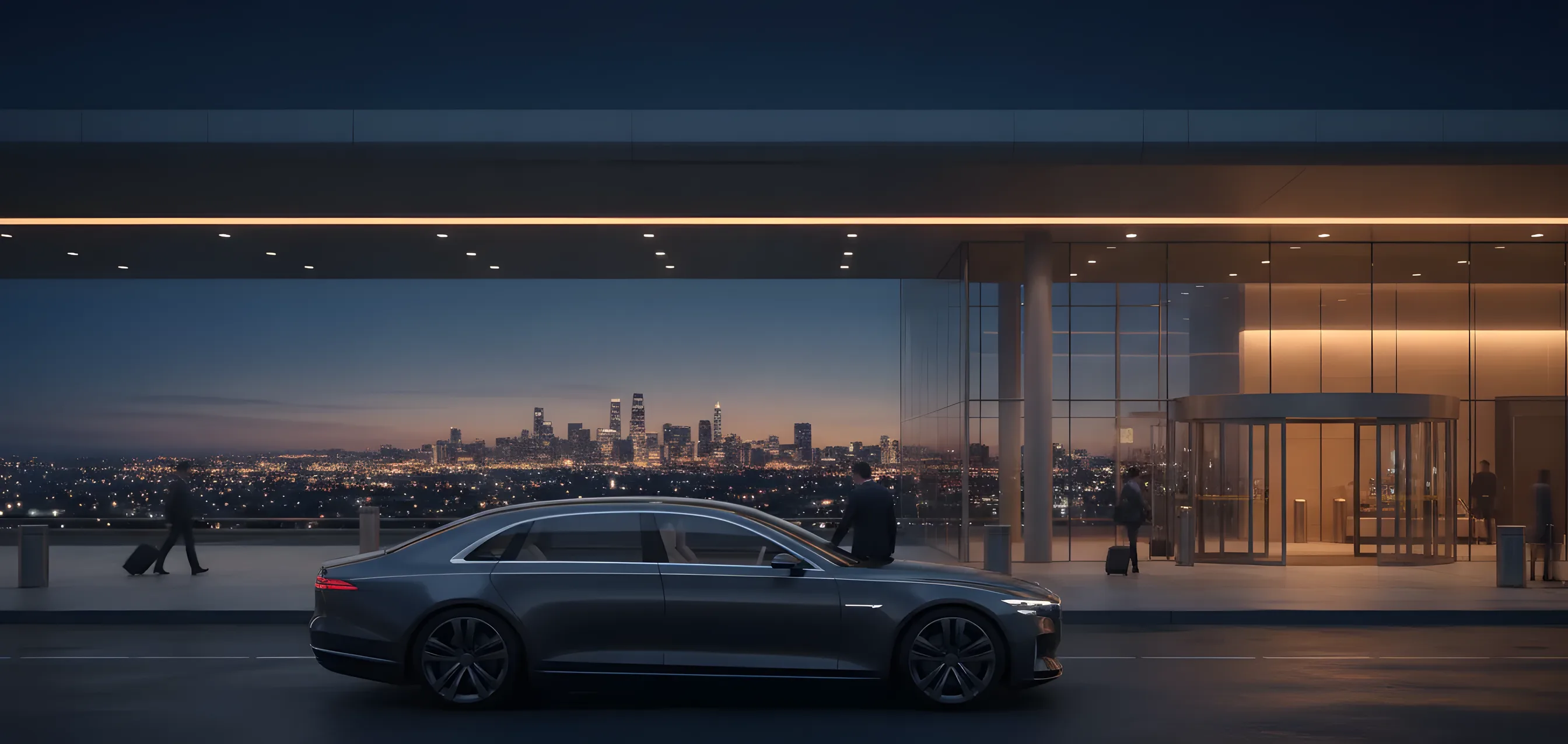 A luxury sedan at a modern airport terminal at dusk, with a city skyline in the background.