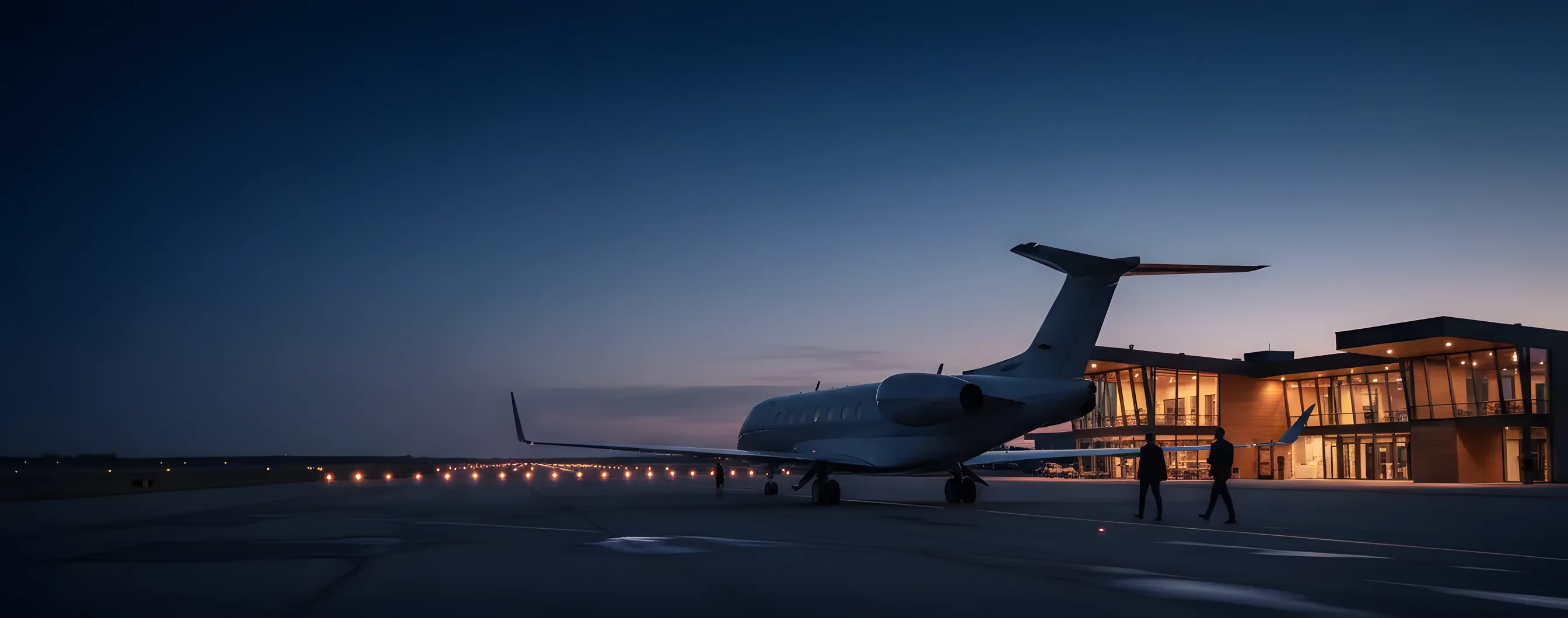 A private jet on an airport tarmac at twilight, with the warm lights of a terminal glowing in the background.