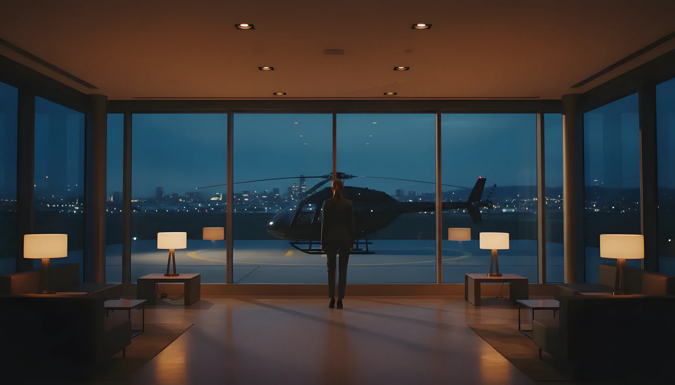 A woman in a stylish outfit looks out a lounge window at a helicopter on a tarmac against a city skyline at dusk.
