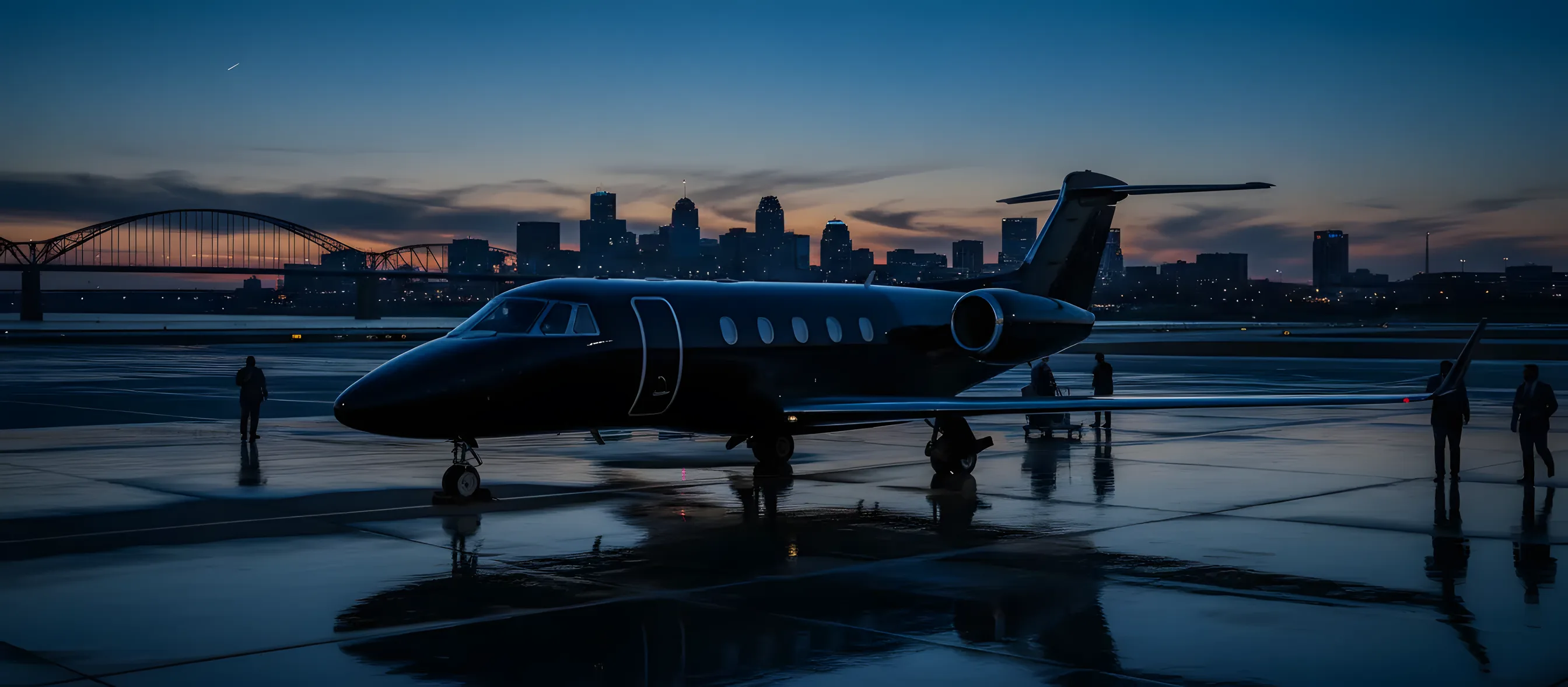 A private jet on an airport tarmac at dusk with the Memphis skyline in the background.