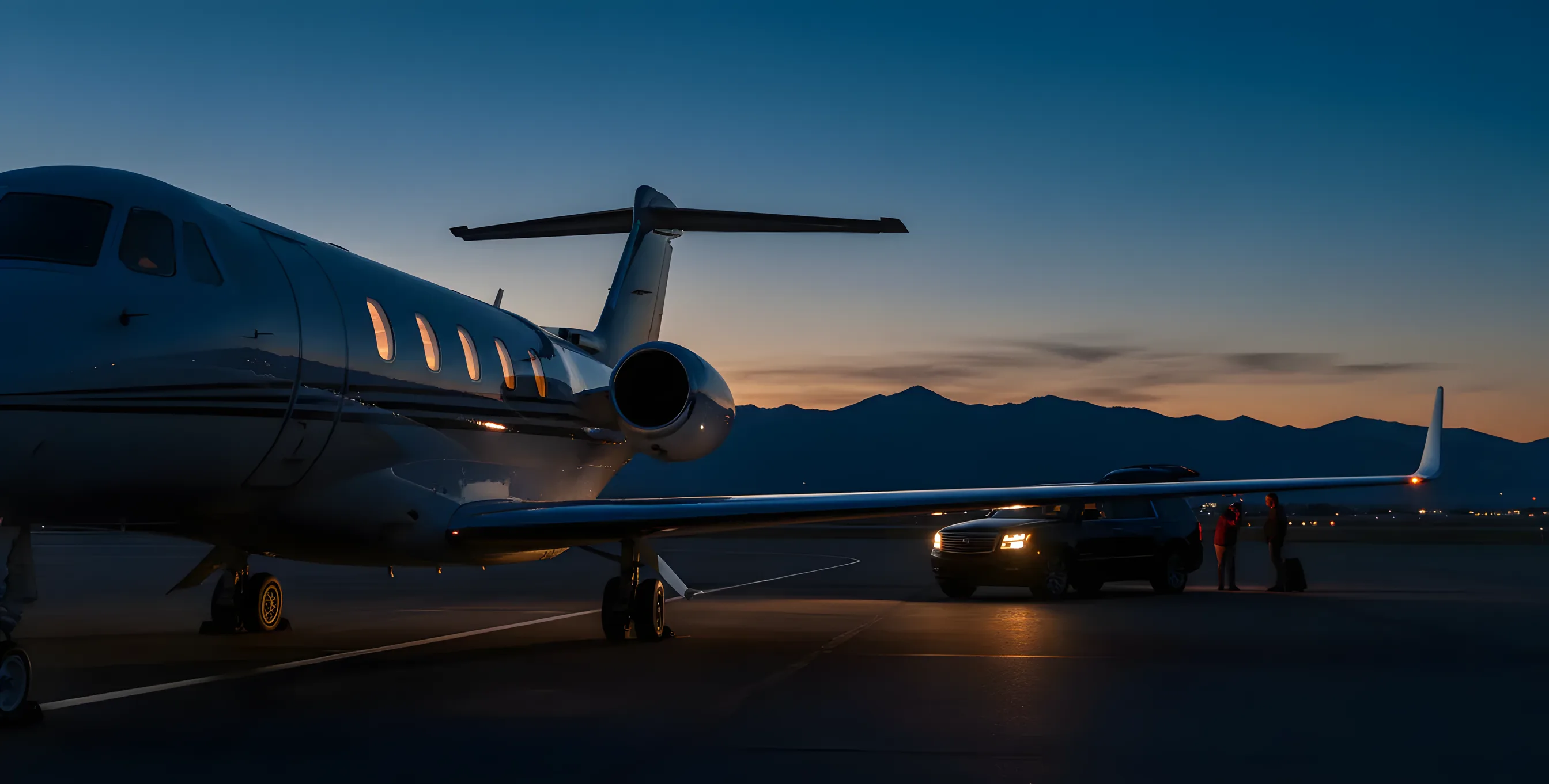 A private jet on an airfield at dusk, with mountains in the background.