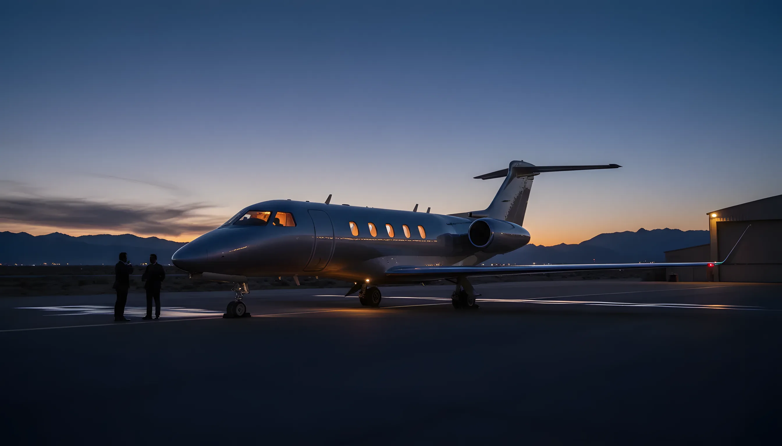 A private jet on an airfield at dusk, with cabin lights glowing against a desert mountain backdrop.