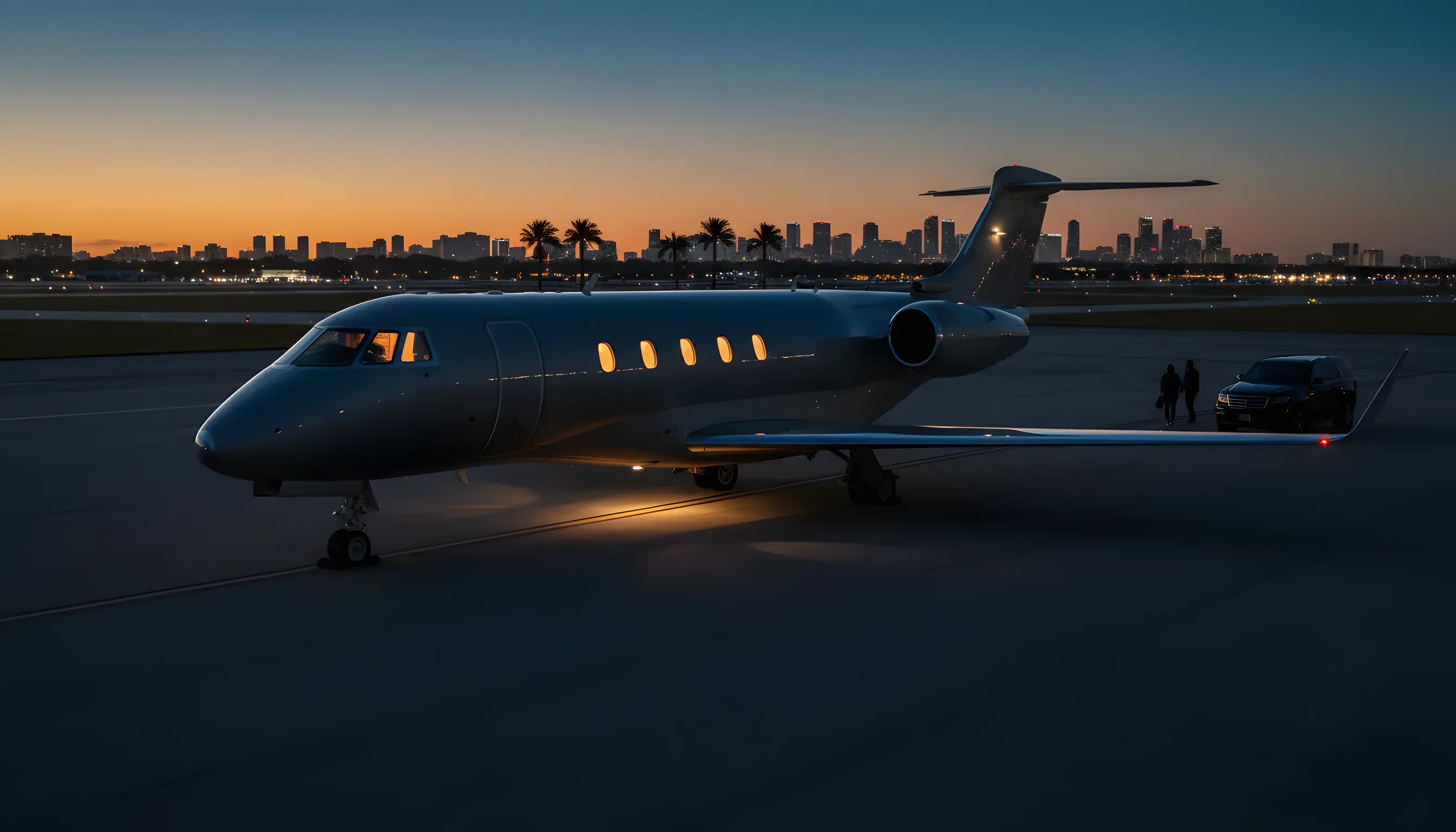 A private jet on an airport tarmac at dusk, with a distant city skyline glowing on the horizon.