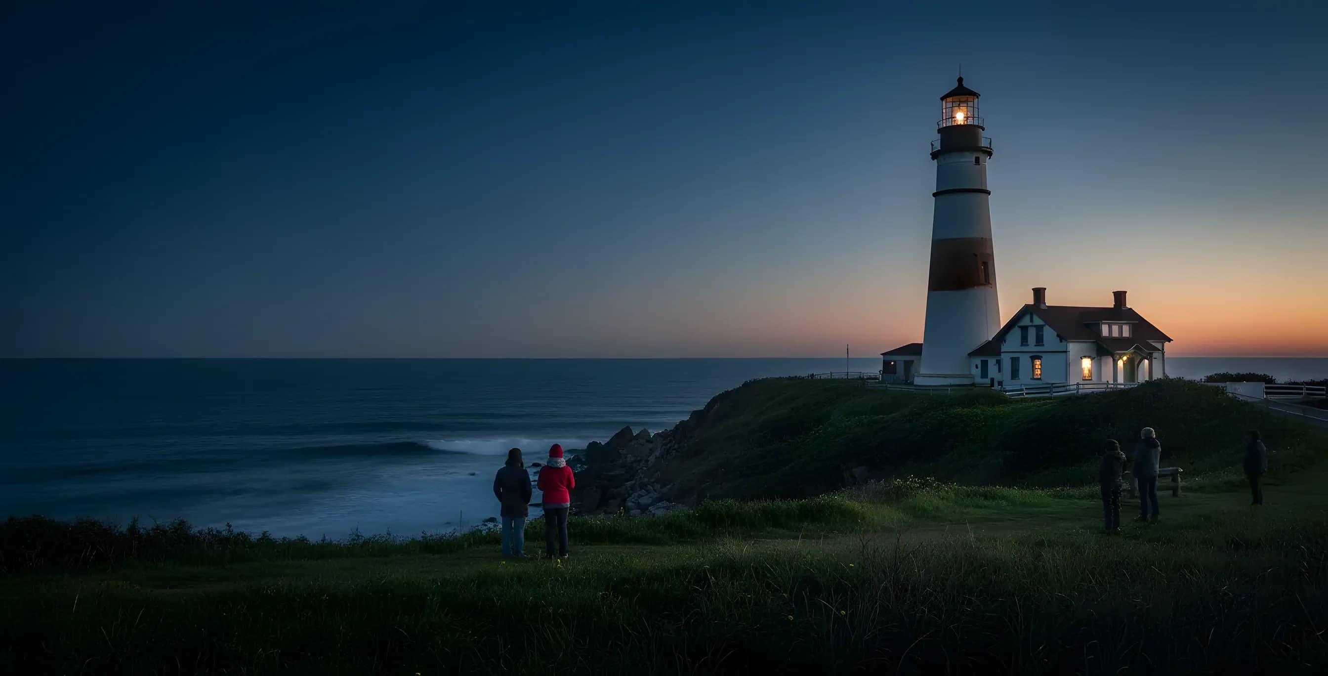 The Montauk Point Lighthouse on its bluff above the Atlantic at blue hour.