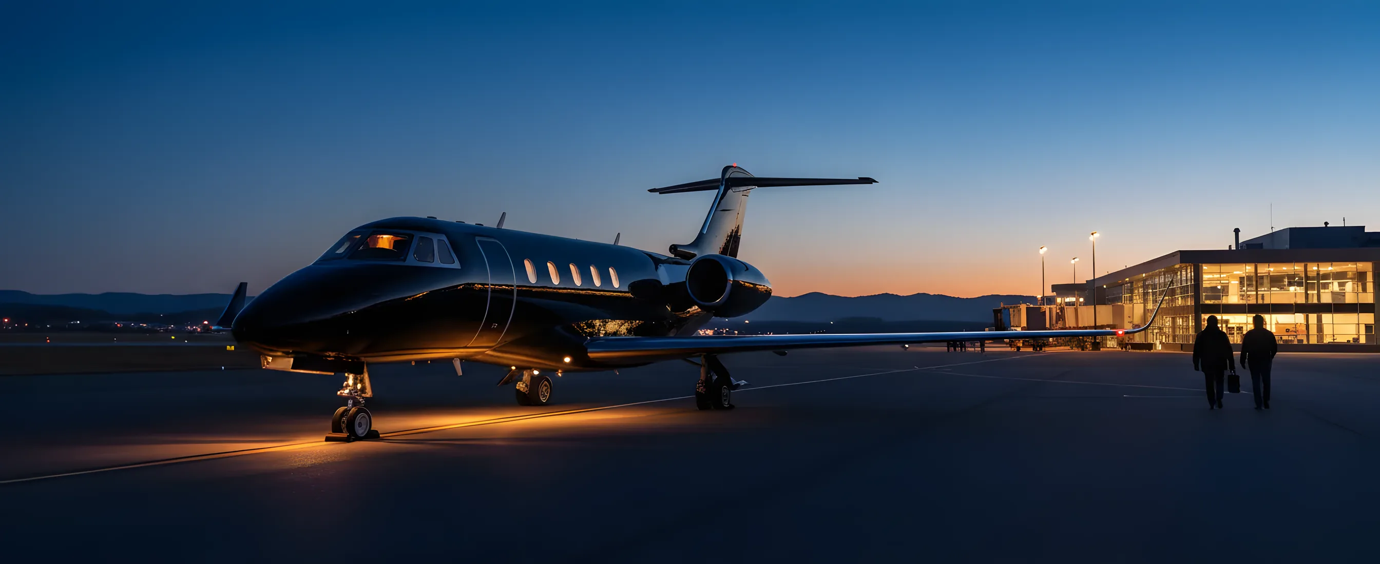 A private jet on an airport tarmac at dusk, with lights glowing from the terminal and the aircraft cabin.