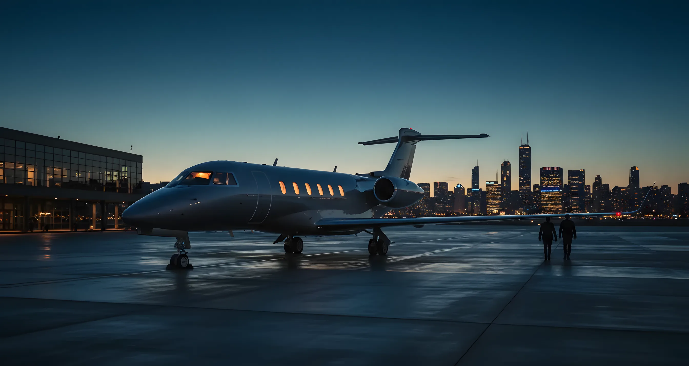 A private jet on an airport tarmac at dusk, with the Chicago skyline visible in the distance.