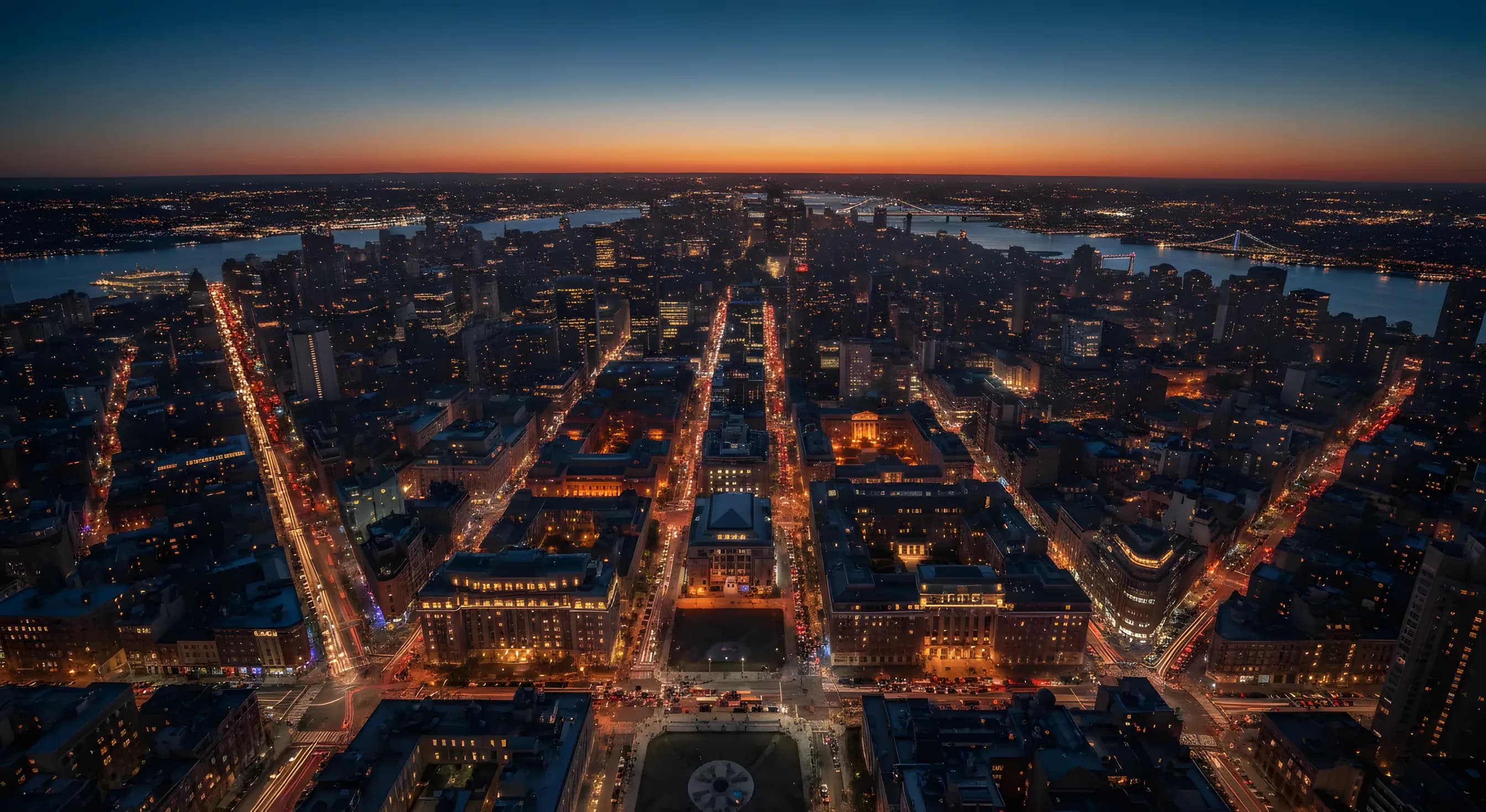 Aerial view of a university campus in New York City at dusk, with glowing lights and traffic streams.