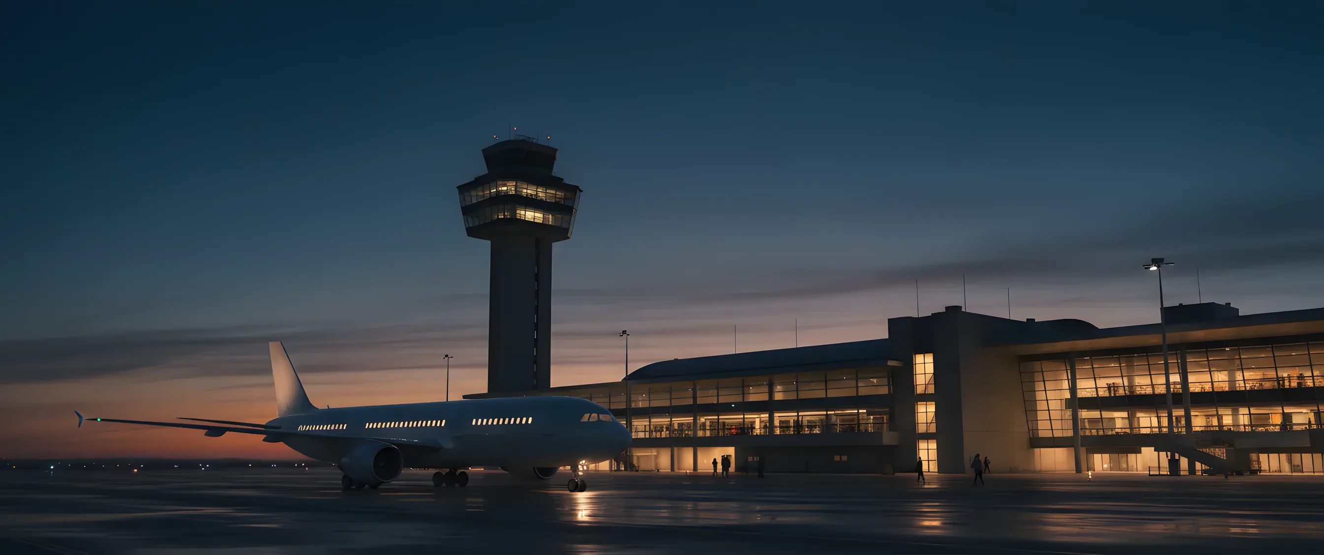 An airport control tower and terminal at dusk, with a large passenger airplane on the tarmac.