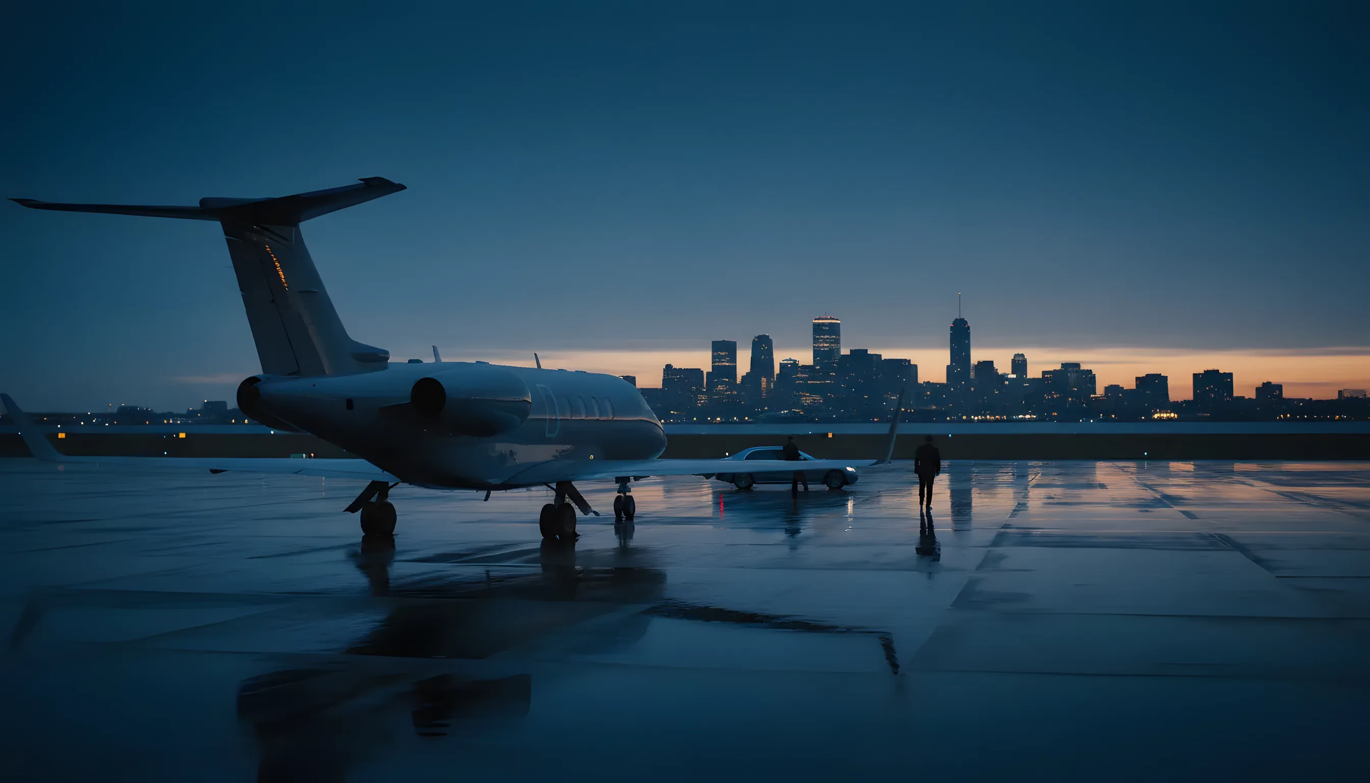 A private jet on an airport tarmac at dusk, with city lights in the distance.