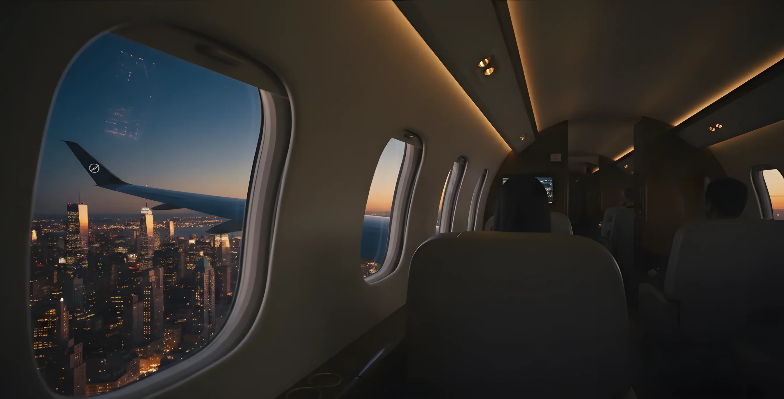 The wing of a private jet flying over the New York City skyline at dusk.