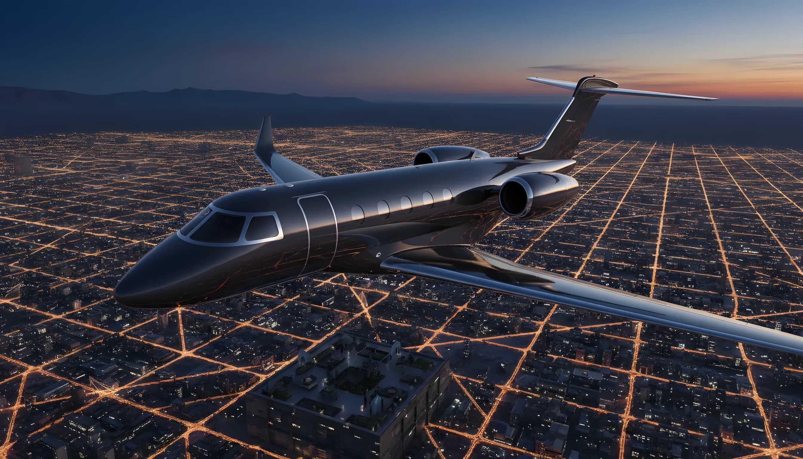 A private jet flies over a brightly lit city grid at dusk.