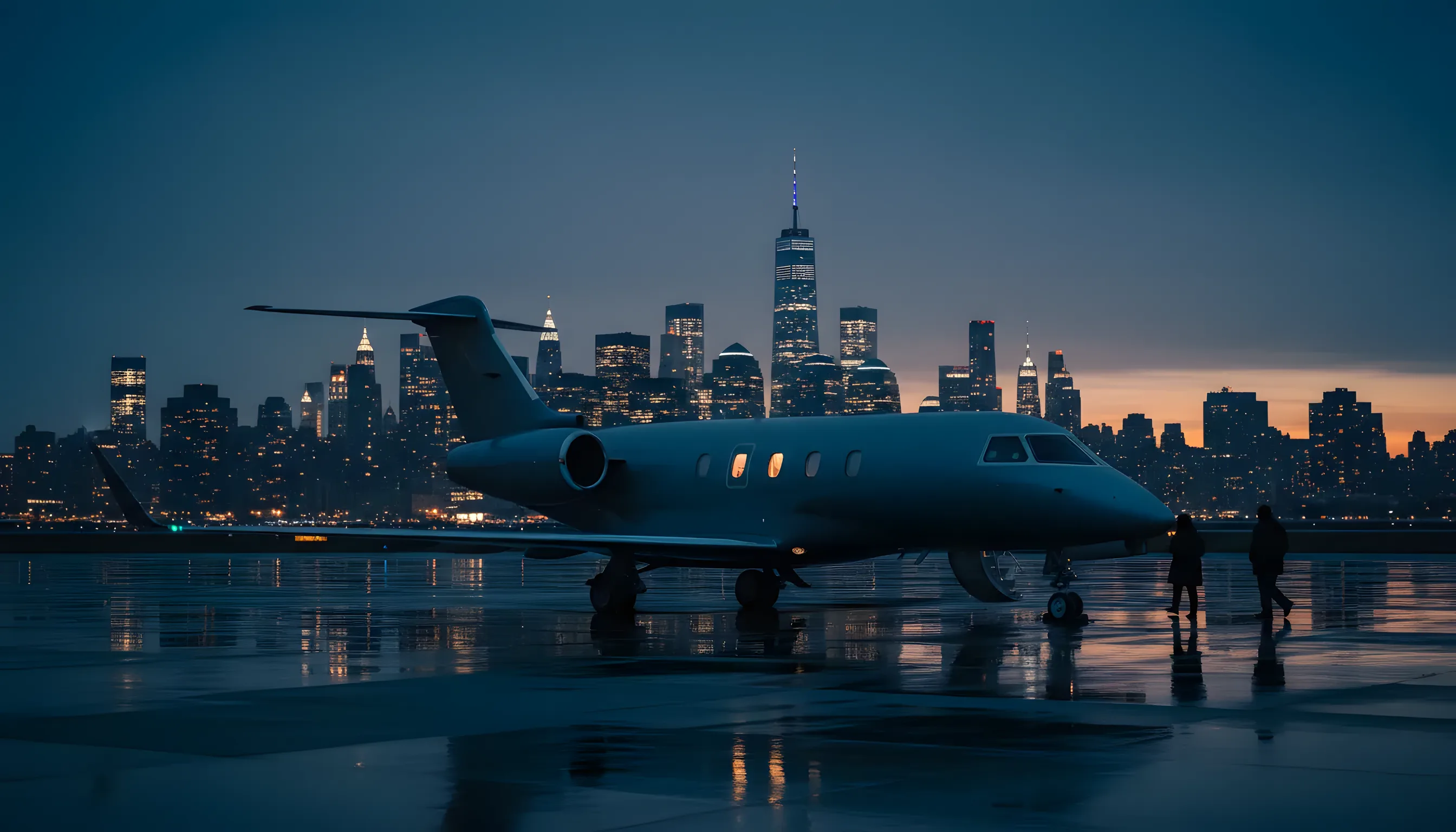 A private jet on an airport tarmac at dusk, with the New York City skyline in the background.