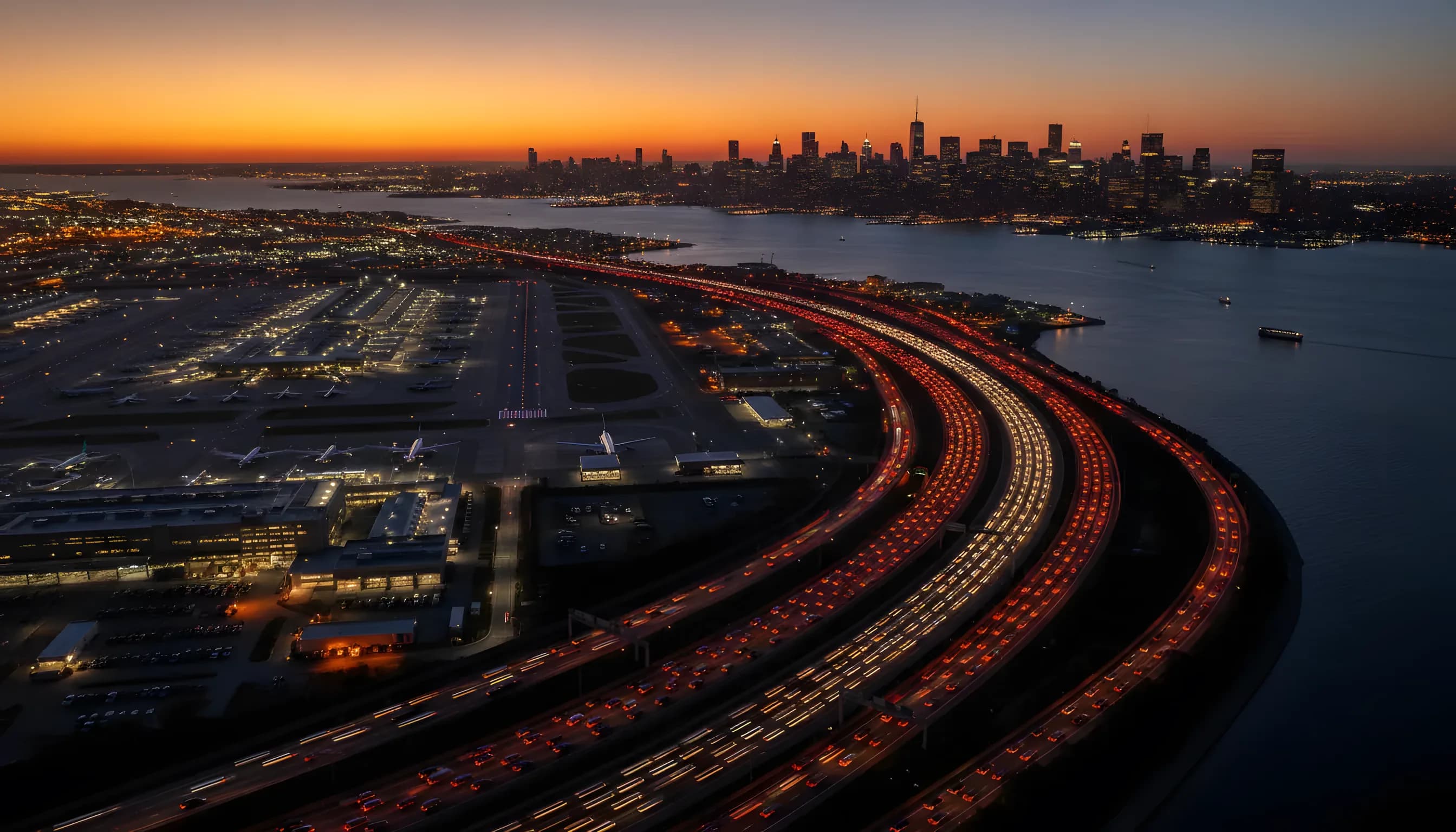 Aerial view of the Manhattan skyline and Newark Airport at dusk from a helicopter.
