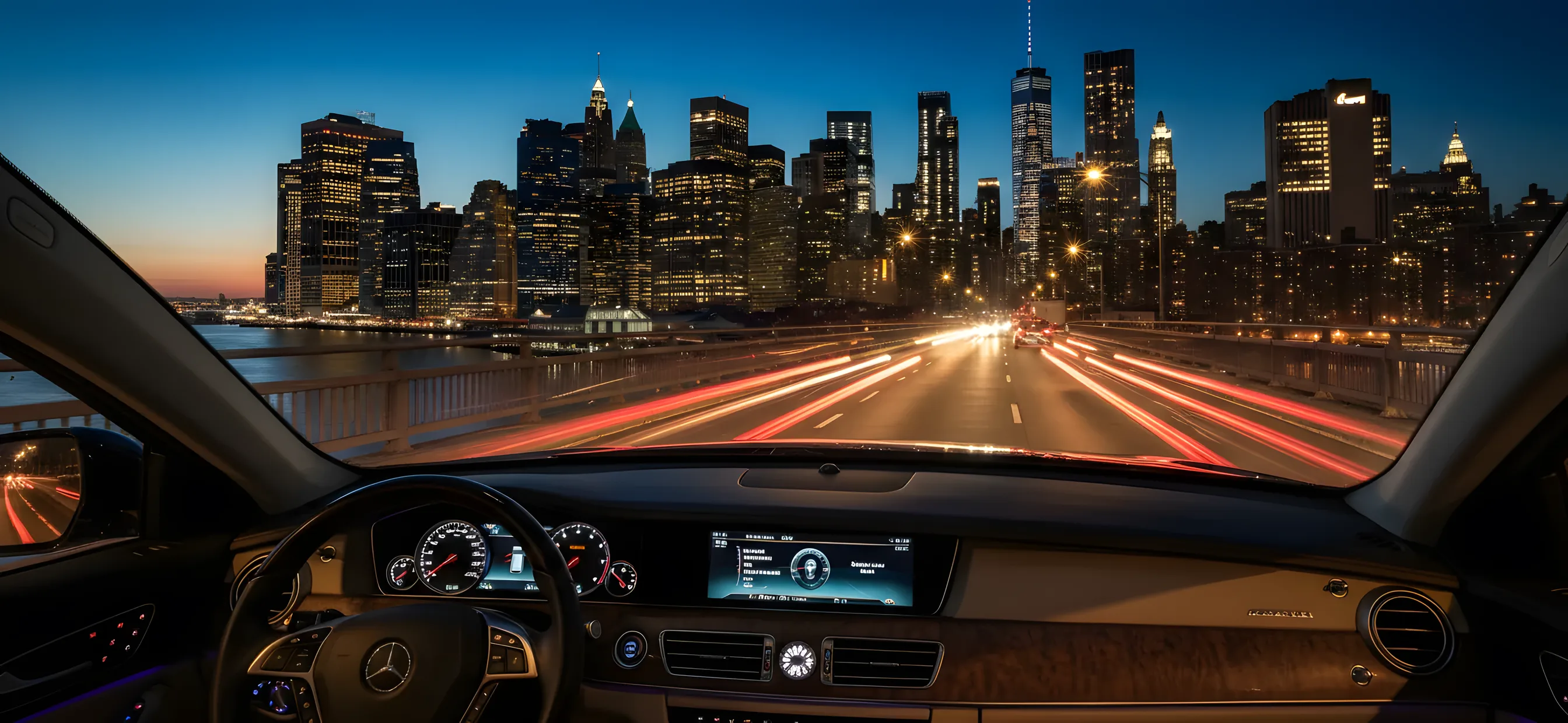 View of the Manhattan skyline at dusk from a car on a bridge, with city lights glowing.