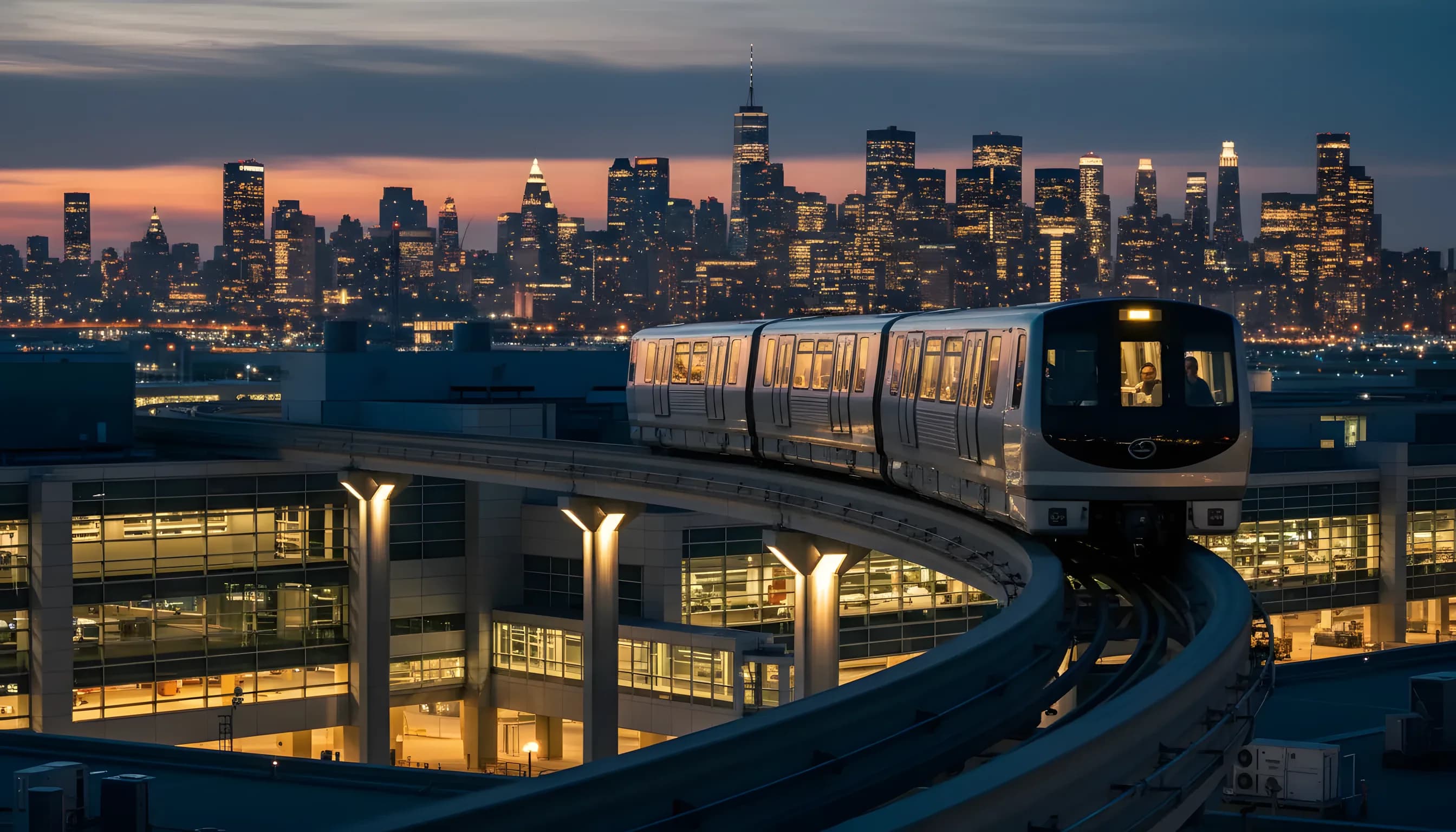 An elevated train travels through an airport at dusk, with the Manhattan skyline visible in the distance.