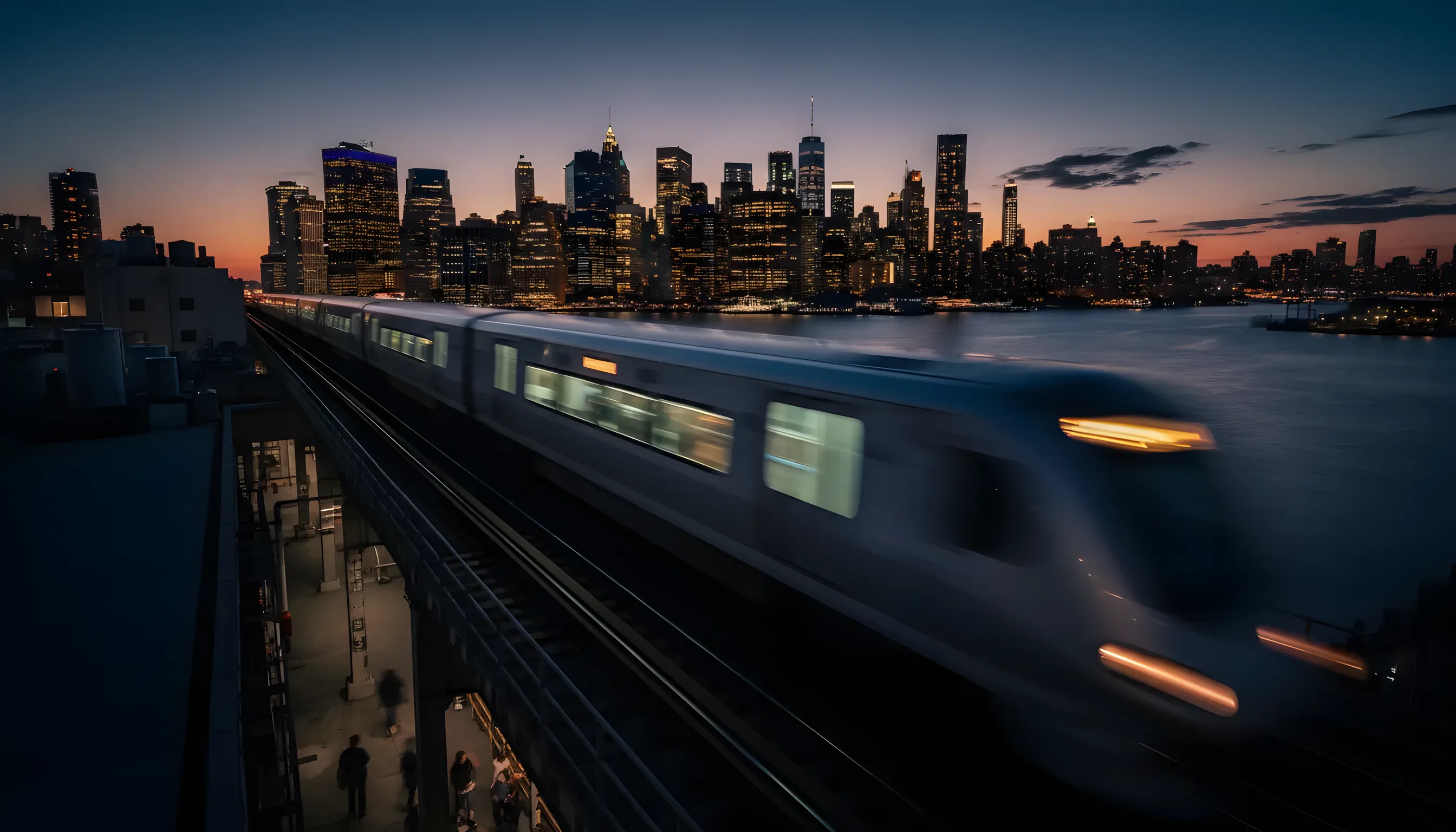 A modern train travels towards the glowing New York City skyline at dusk.