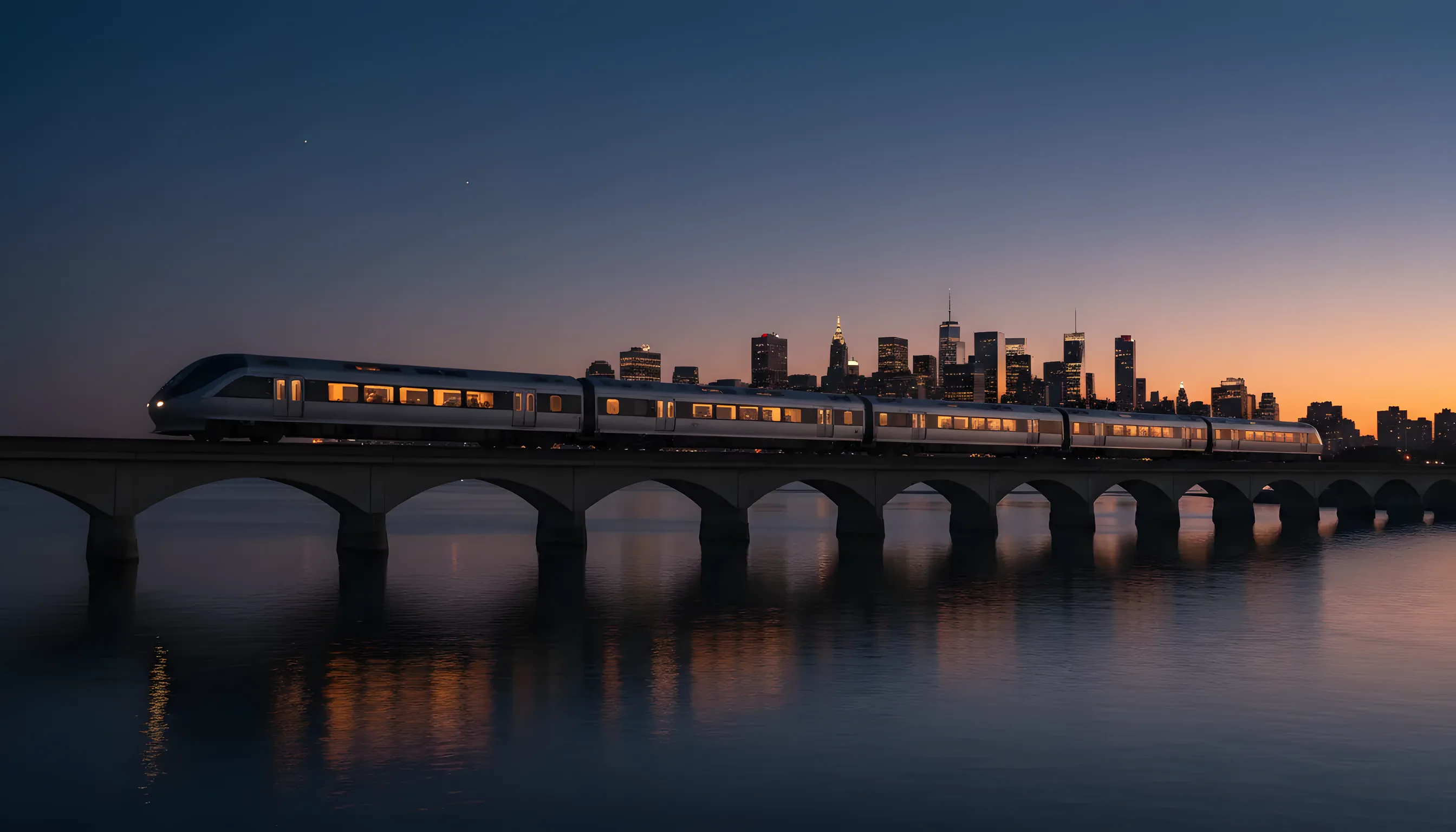 A modern passenger train travels over a bridge at dusk, with a city skyline glowing in the background.