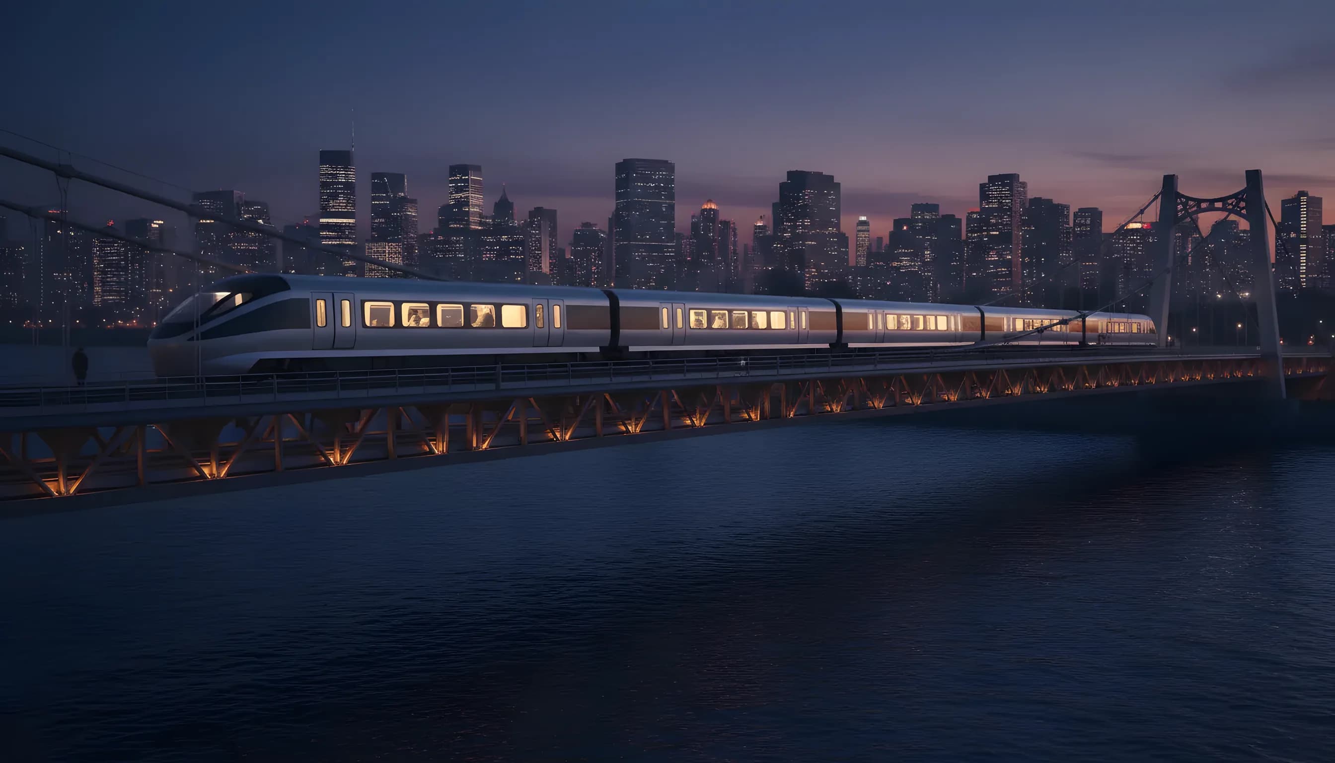 A modern train travels over a bridge at dusk with a city skyline in the distance.