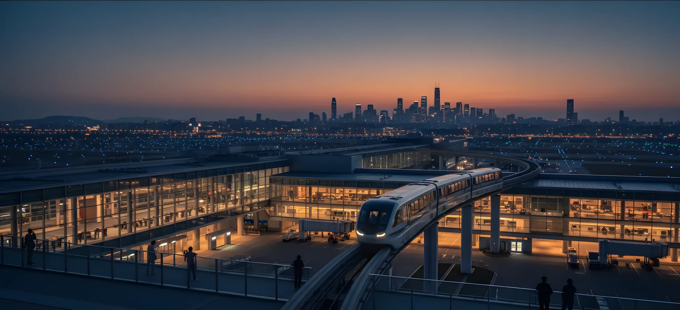 A monorail train travels from an airport terminal toward a city skyline at dusk.