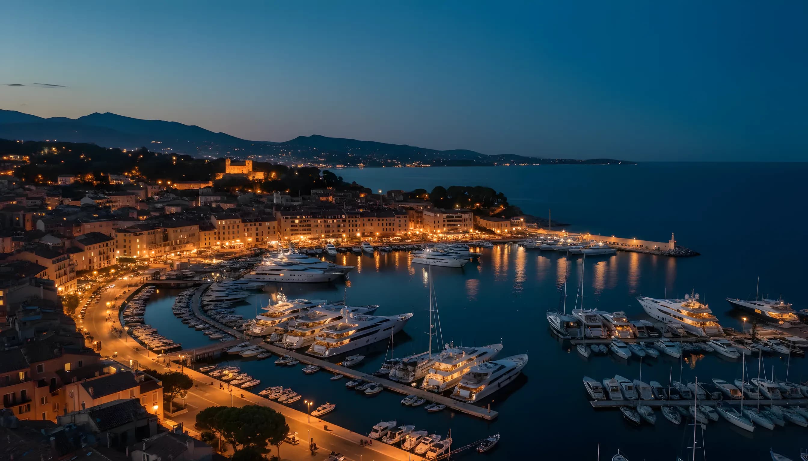 Aerial view of a harbor on the French Riviera at twilight, with glowing lights and yachts.