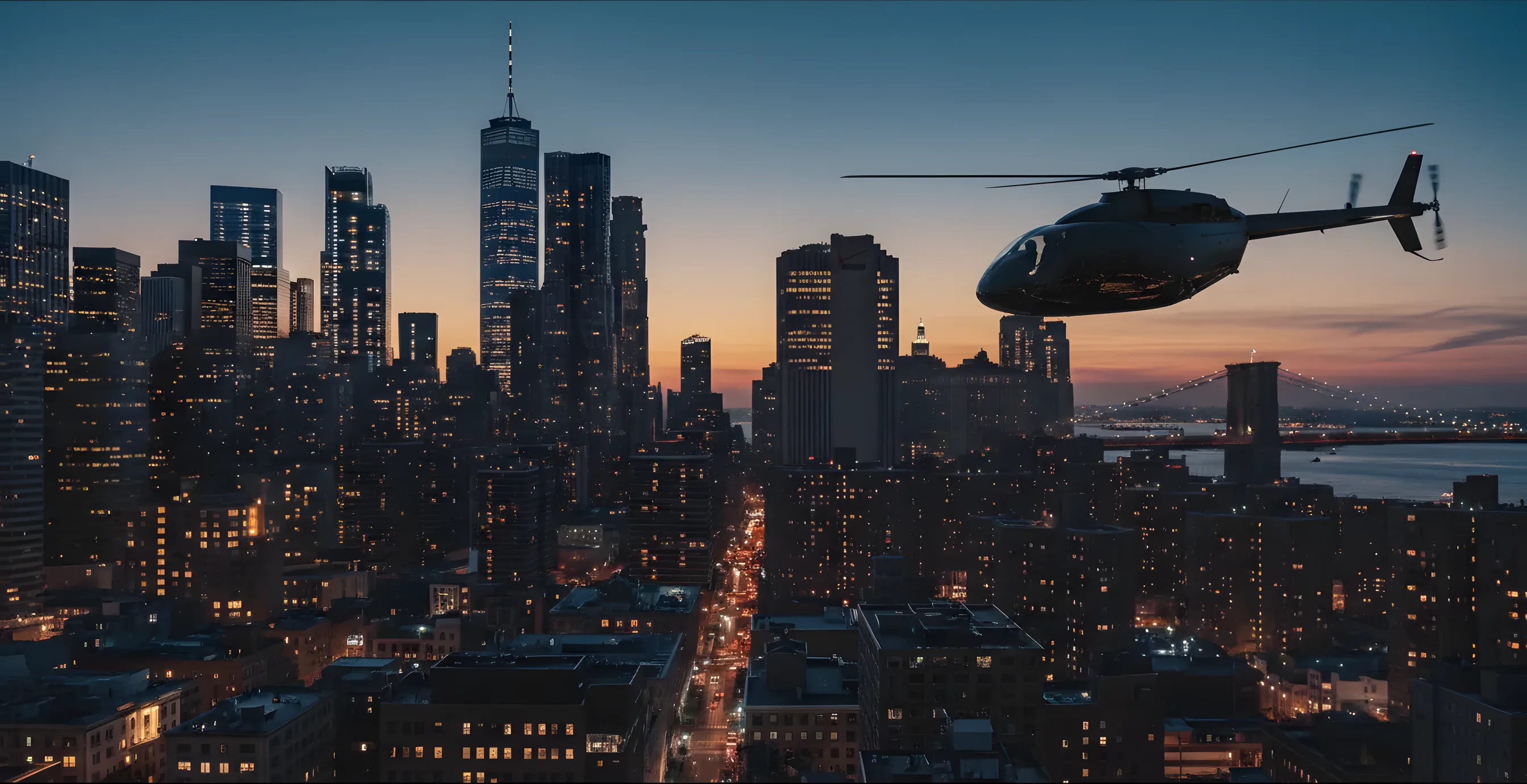 A helicopter flies over the glowing Manhattan skyline at dusk.