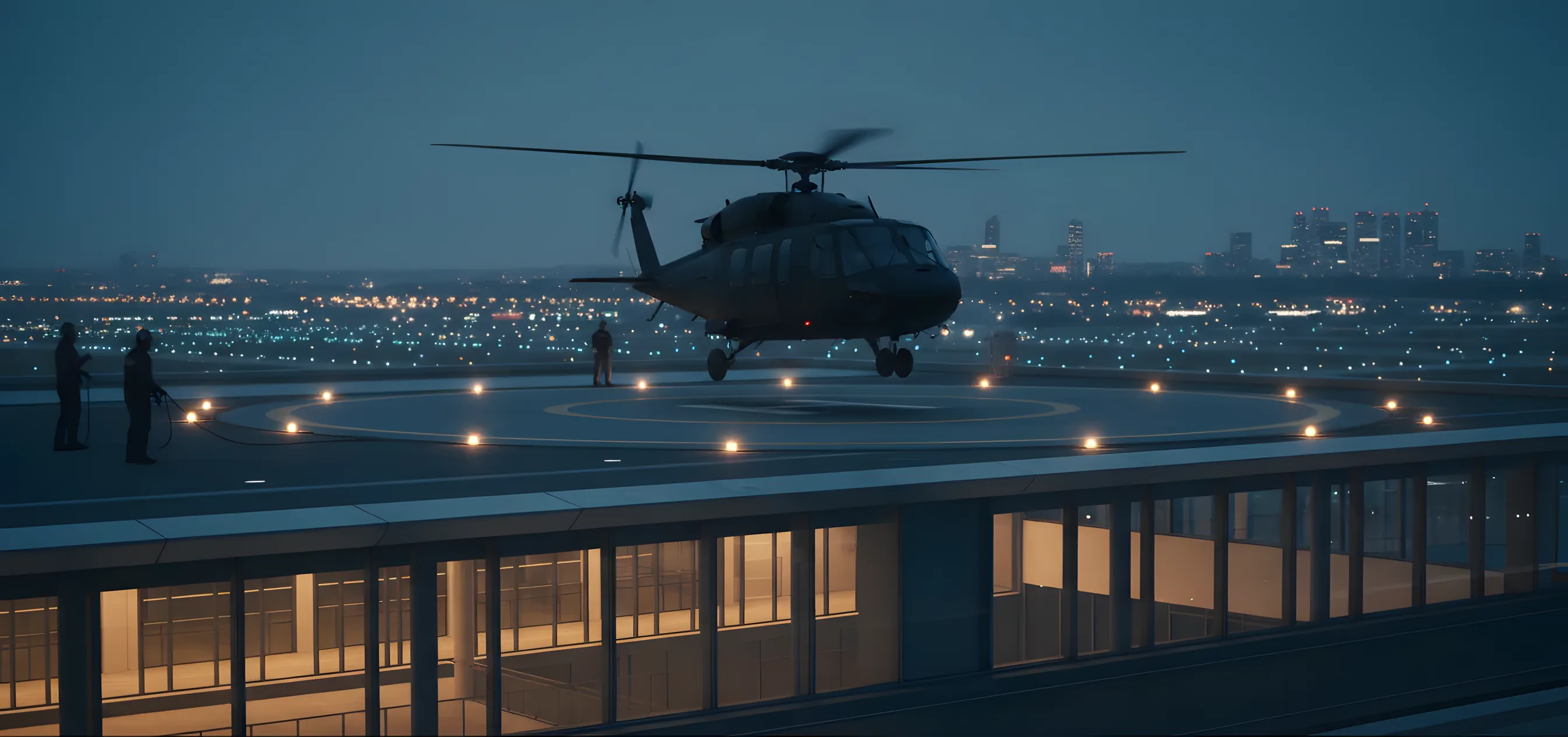 A helicopter lands at an airport terminal helipad at dusk, with the city skyline in the distance.
