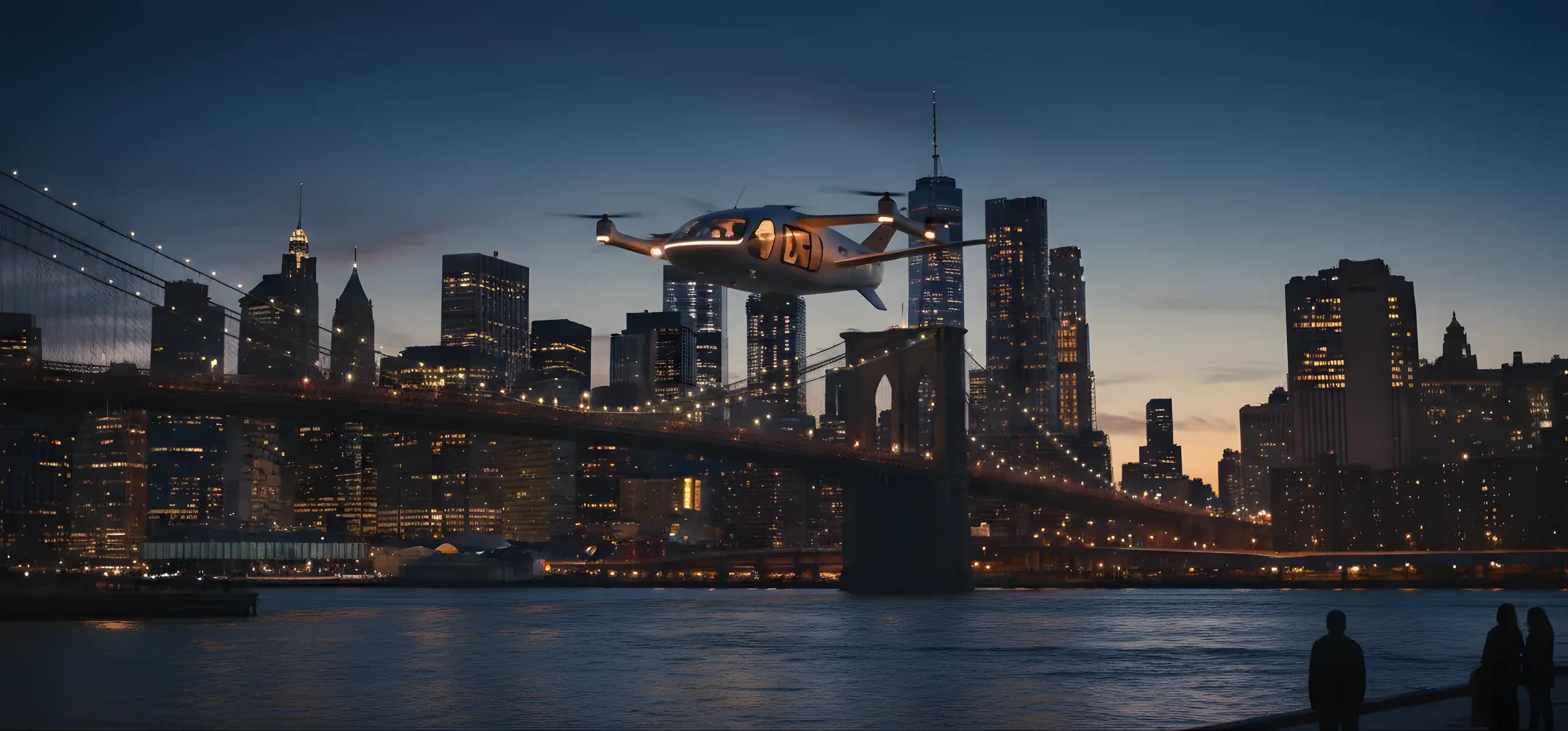A futuristic air taxi flies over the East River with the Lower Manhattan skyline visible at dusk.