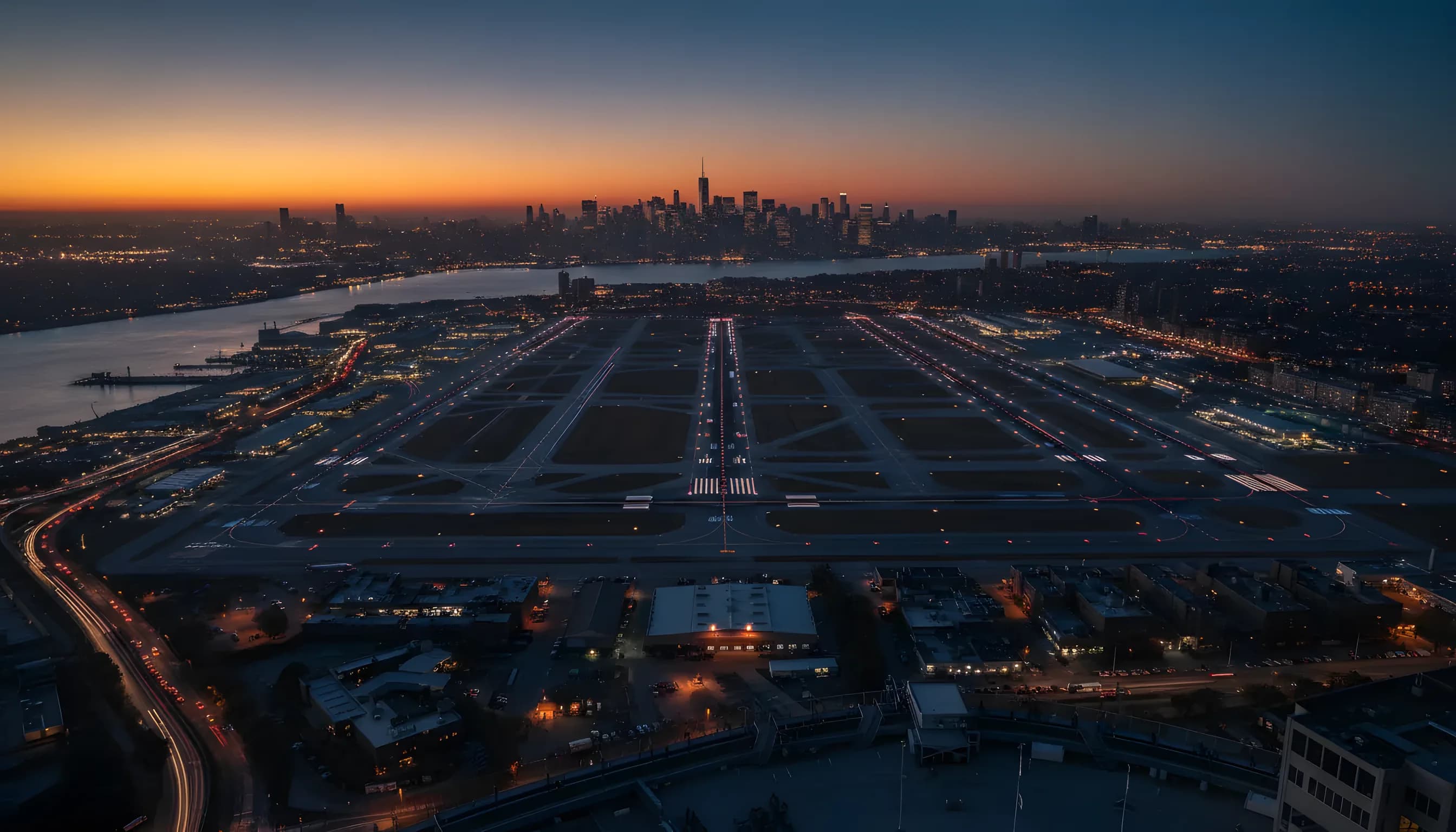 Aerial view of a New York City airport and the Manhattan skyline at dusk.