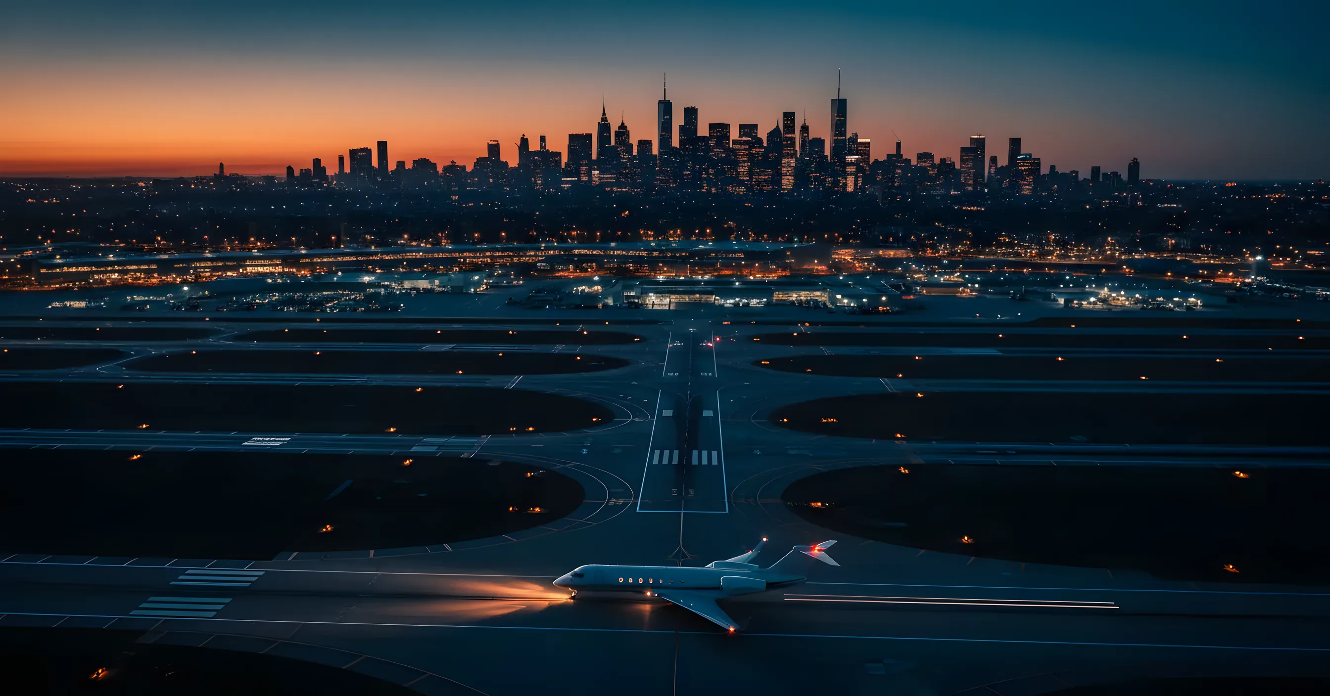 An aerial view of an airport at dusk with the Manhattan skyline in the distance.
