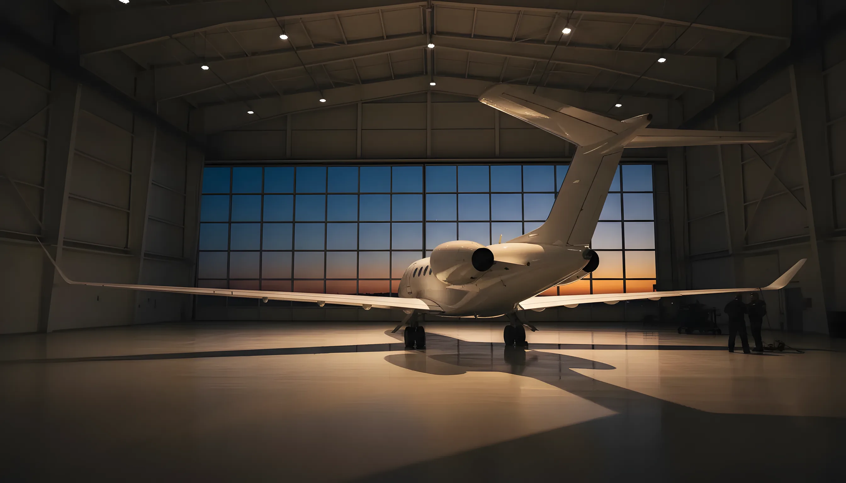 The tail of a private jet inside a brightly lit, modern aircraft hangar.