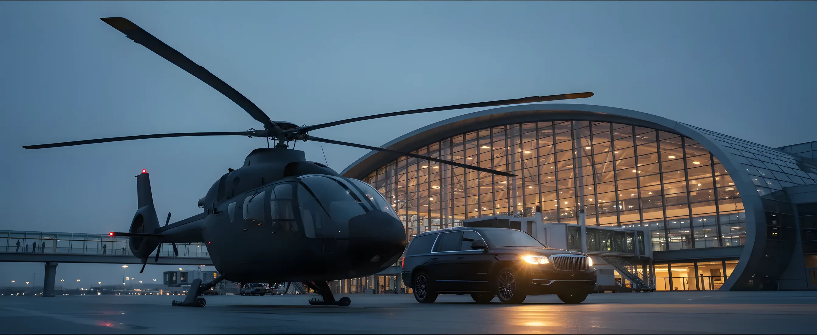 A helicopter and a luxury SUV on an airport tarmac at dusk, with a glowing terminal in the background.