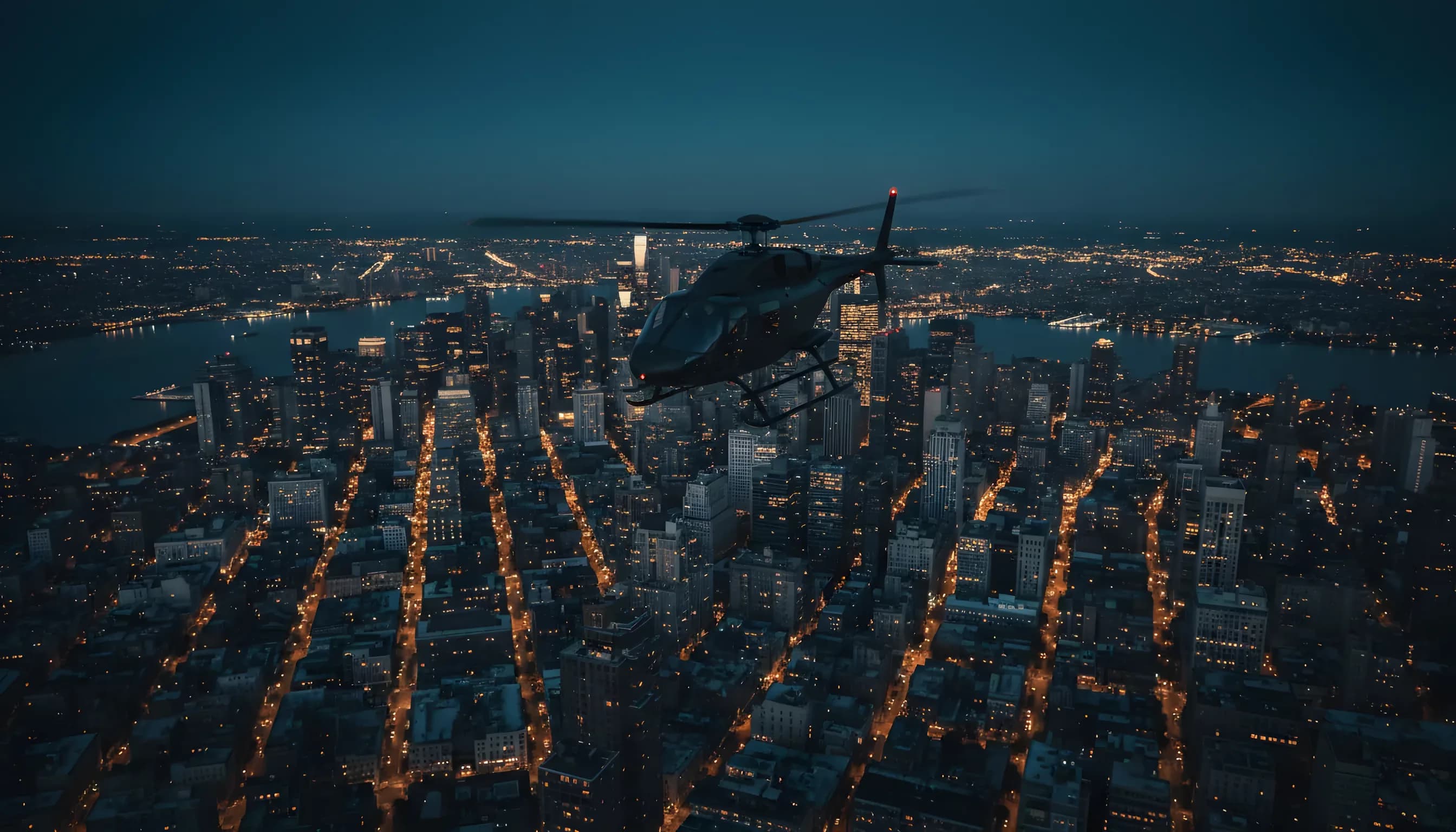 A helicopter flies over the illuminated skyline of Lower Manhattan at dusk.