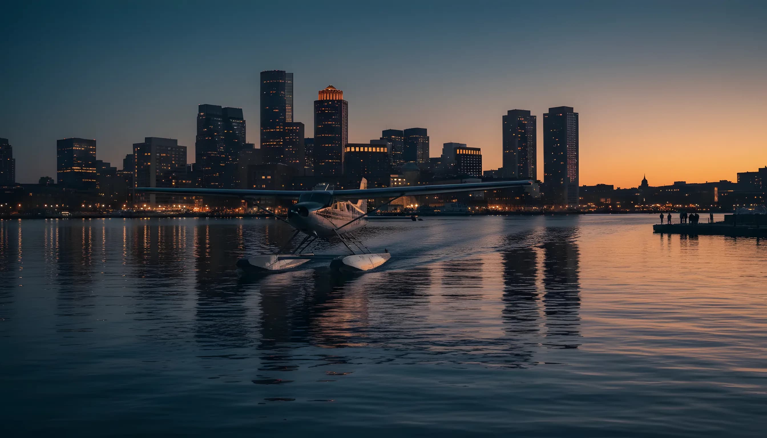 A seaplane lands in Boston Harbor at twilight with the city skyline in the background.
