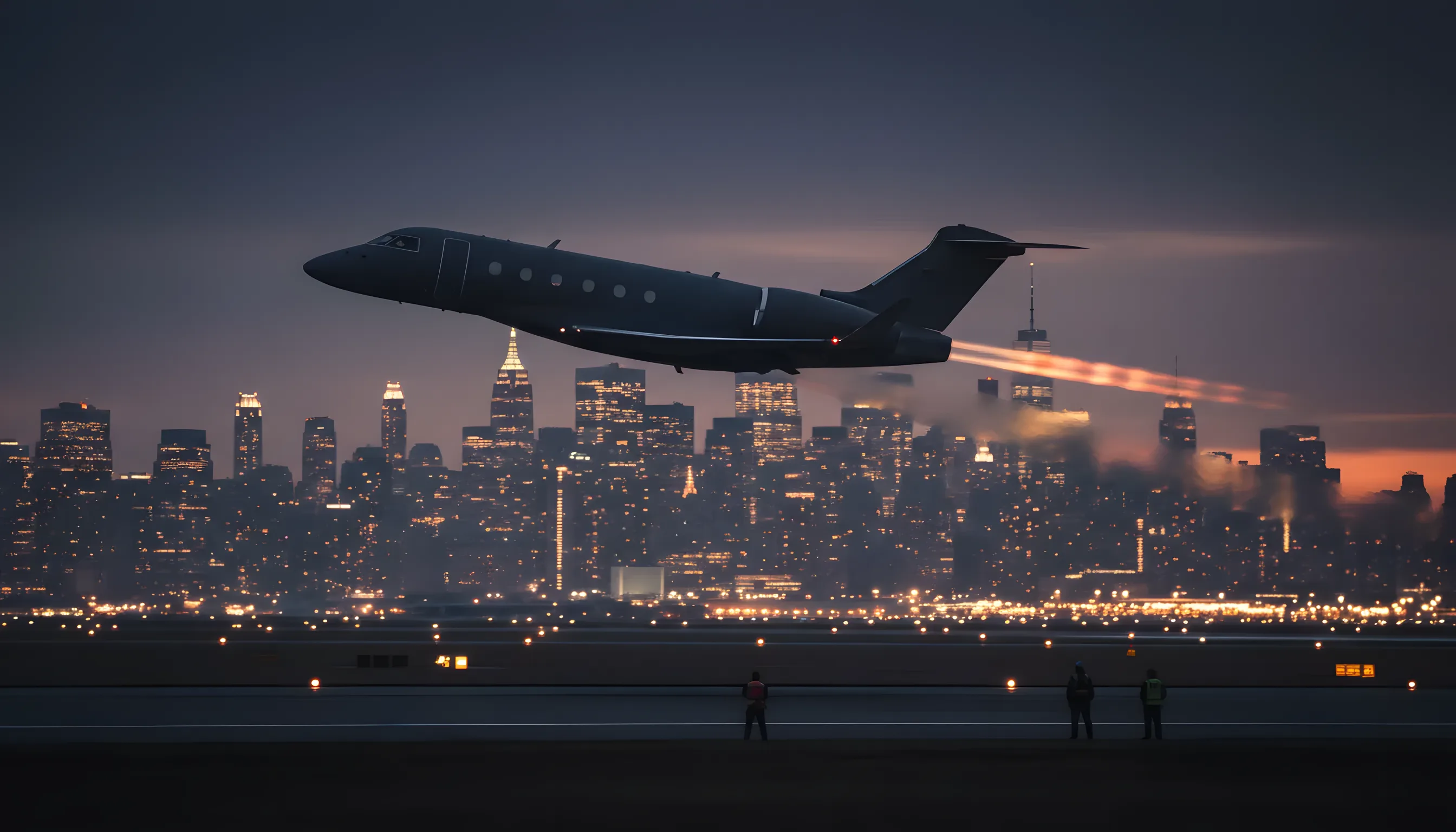 A private jet takes off from an airport at dusk with a city skyline in the background.