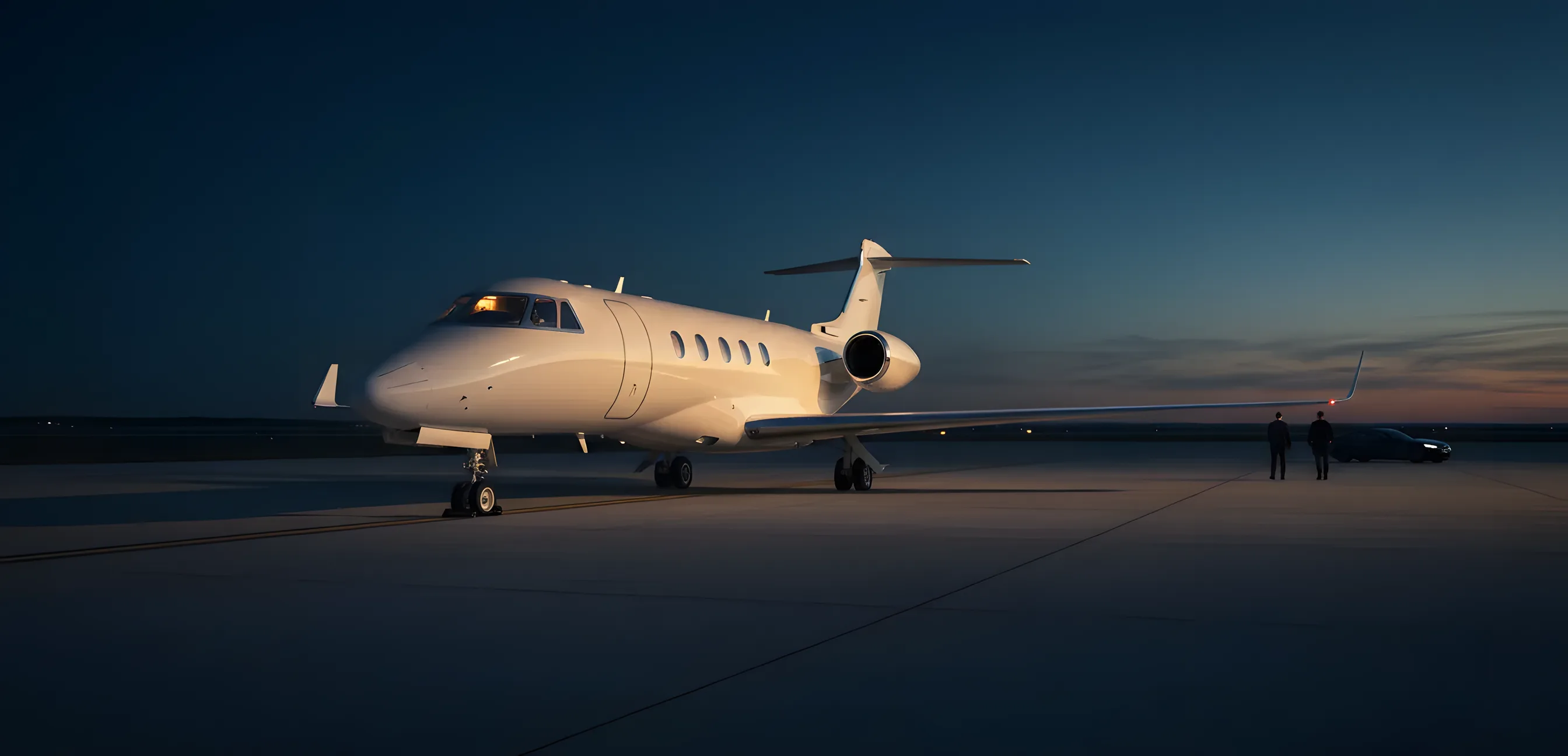 A white private jet parked on an airport tarmac at sunset.
