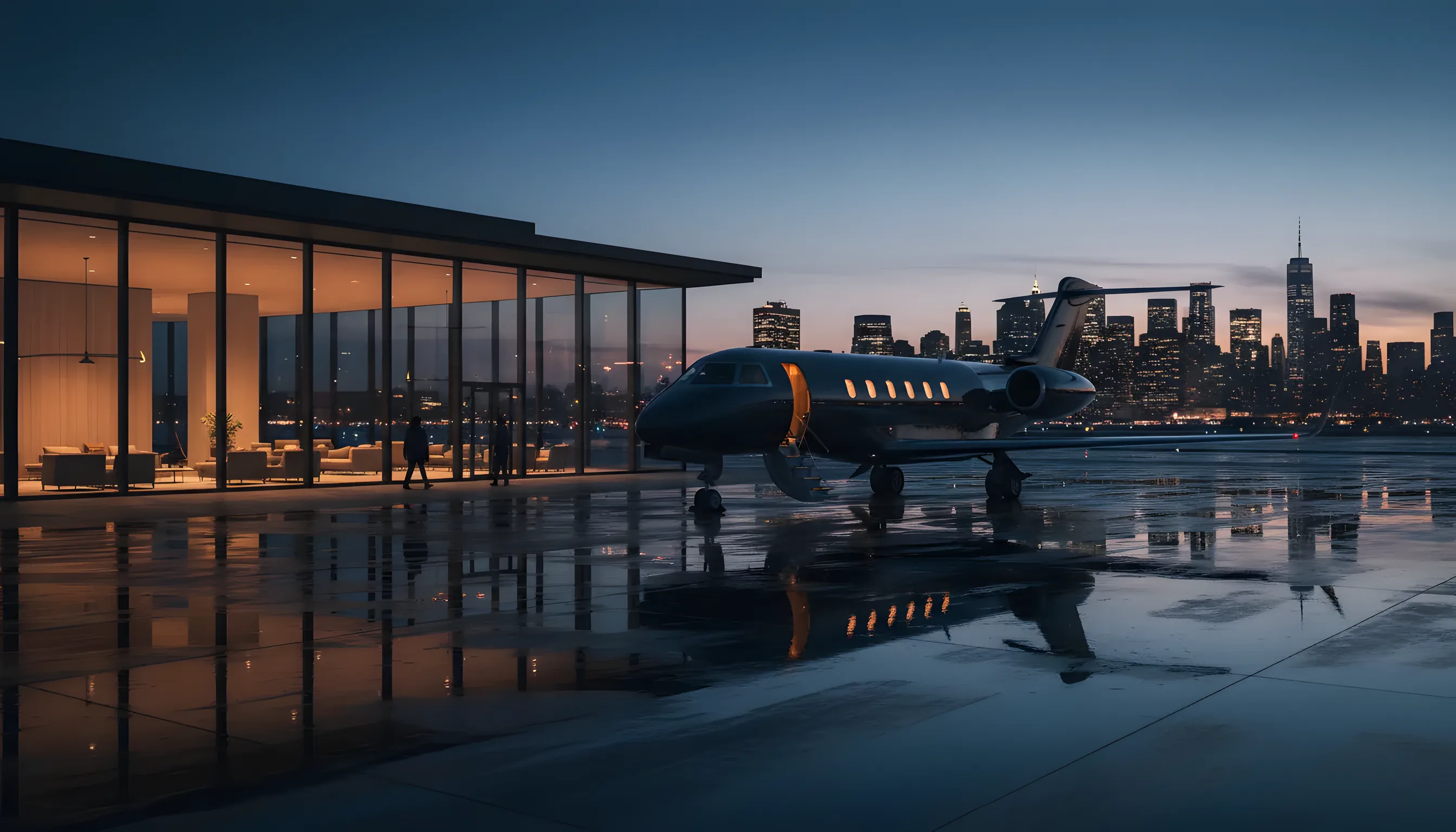 A private jet on an airport tarmac at dusk, with a glowing city skyline in the background.