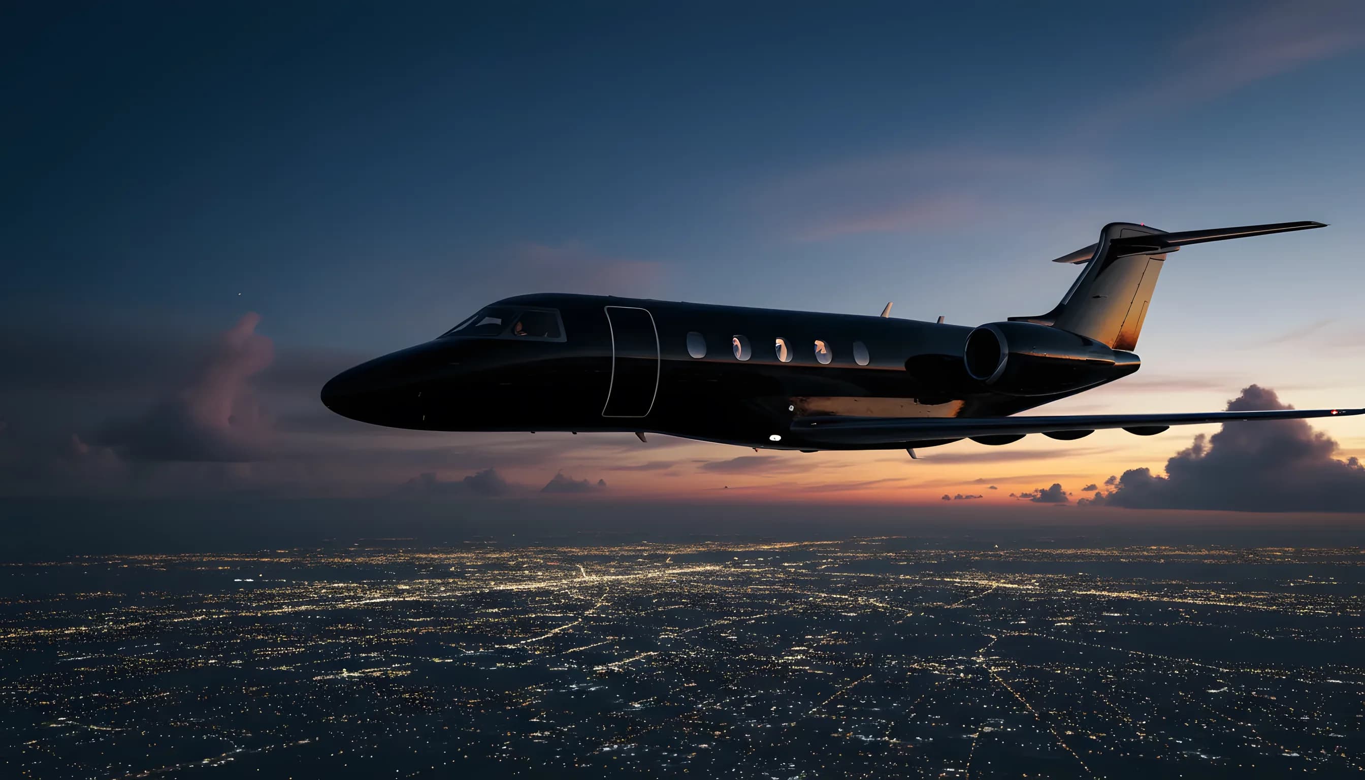 A private jet flies over a sprawling city at twilight.