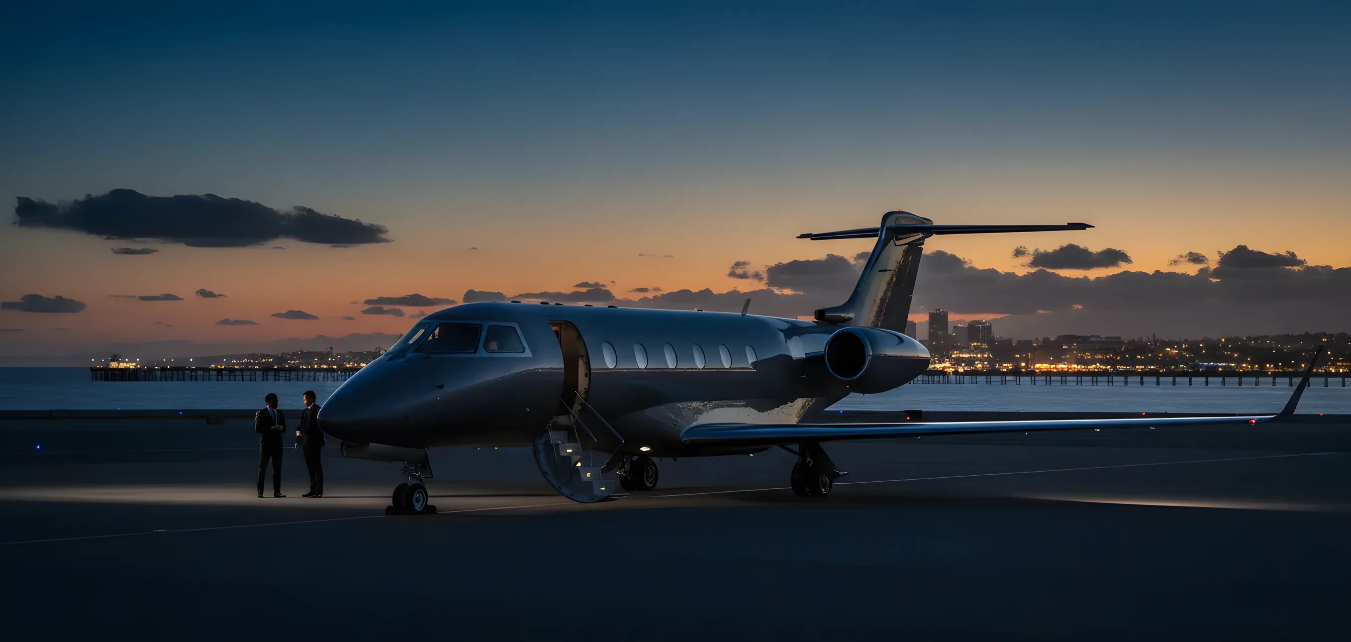 A private jet on an airfield at dusk, with the lights of a California coastal city and pier in the background.