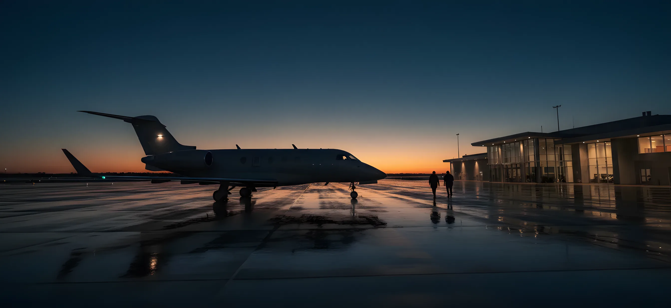A private jet on an airport tarmac at twilight, with a modern terminal glowing in the background.