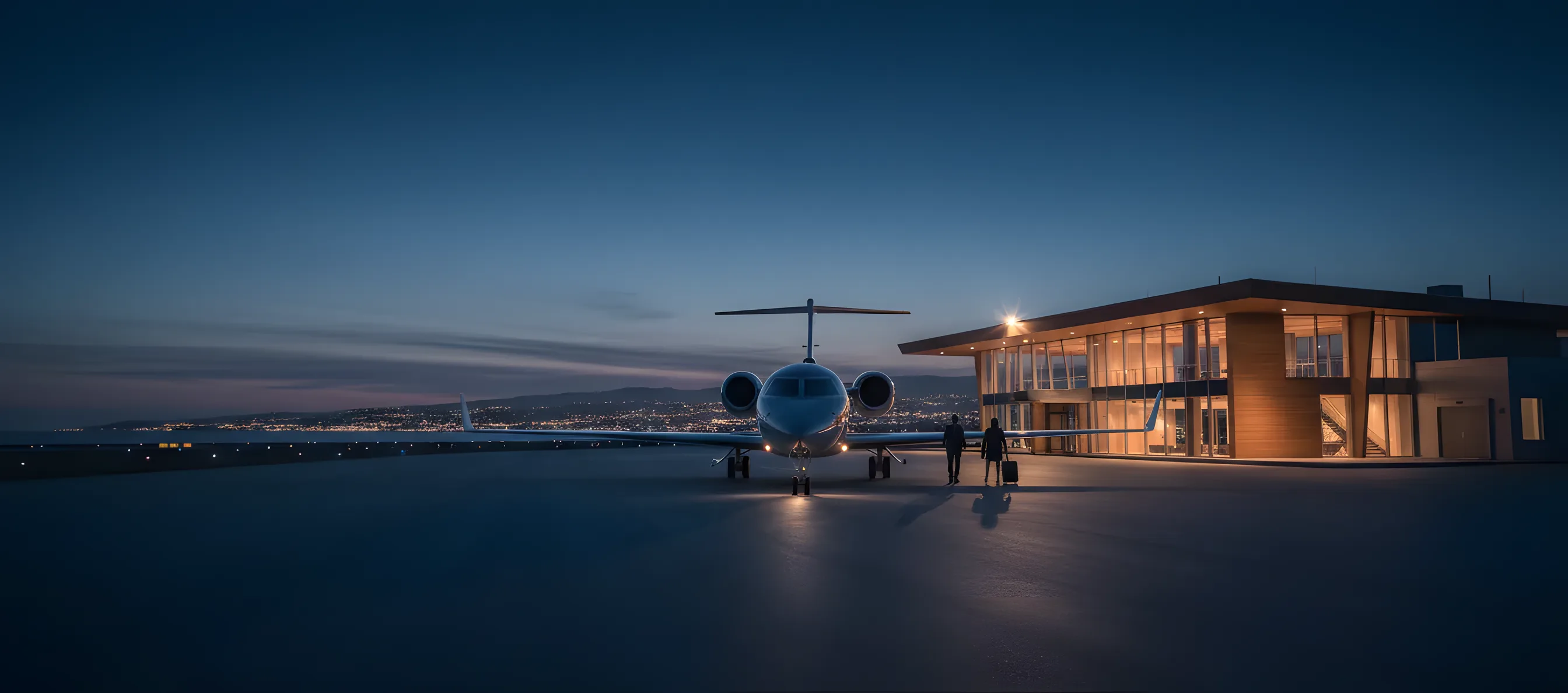 A private jet on an airport tarmac at dusk, with a modern terminal building and city lights in the background.