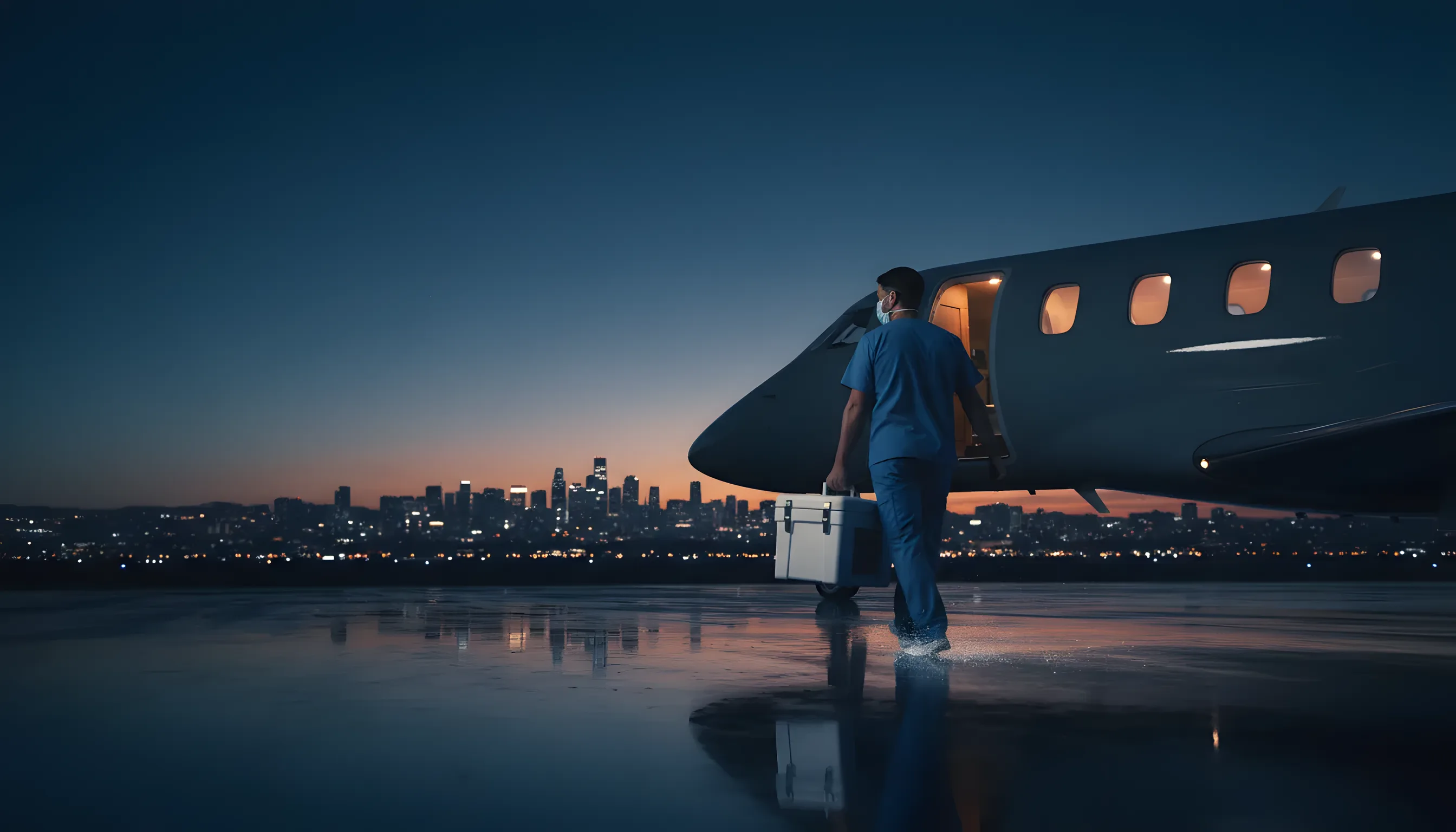 A medical professional carries a transport cooler across an airfield at dusk toward a waiting private jet.