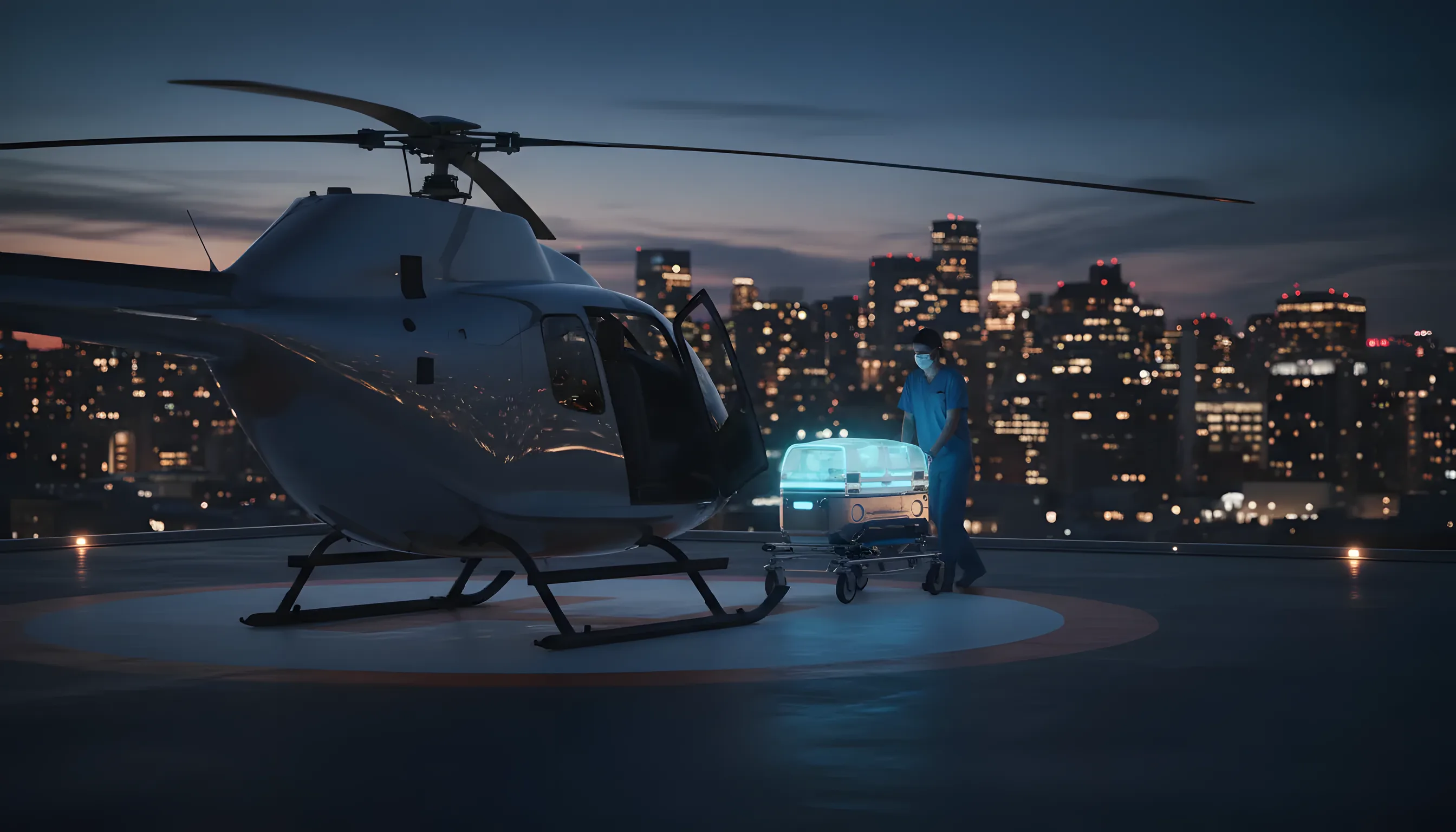 A helicopter waits on a rooftop helipad at dusk as a medical container is brought aboard, with a city skyline behind.
