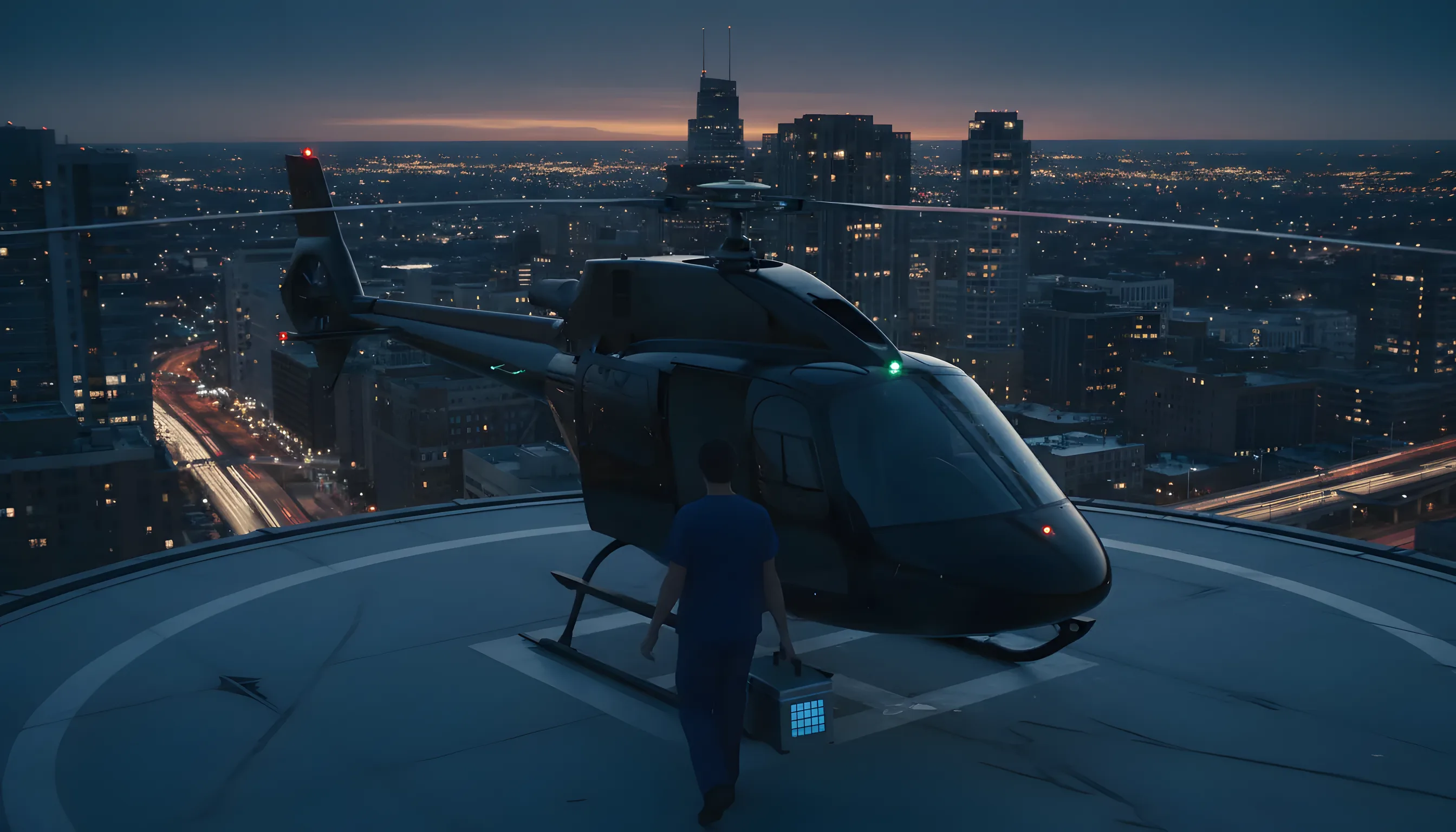 A helicopter on a hospital helipad at dusk, with a city skyline in the background.