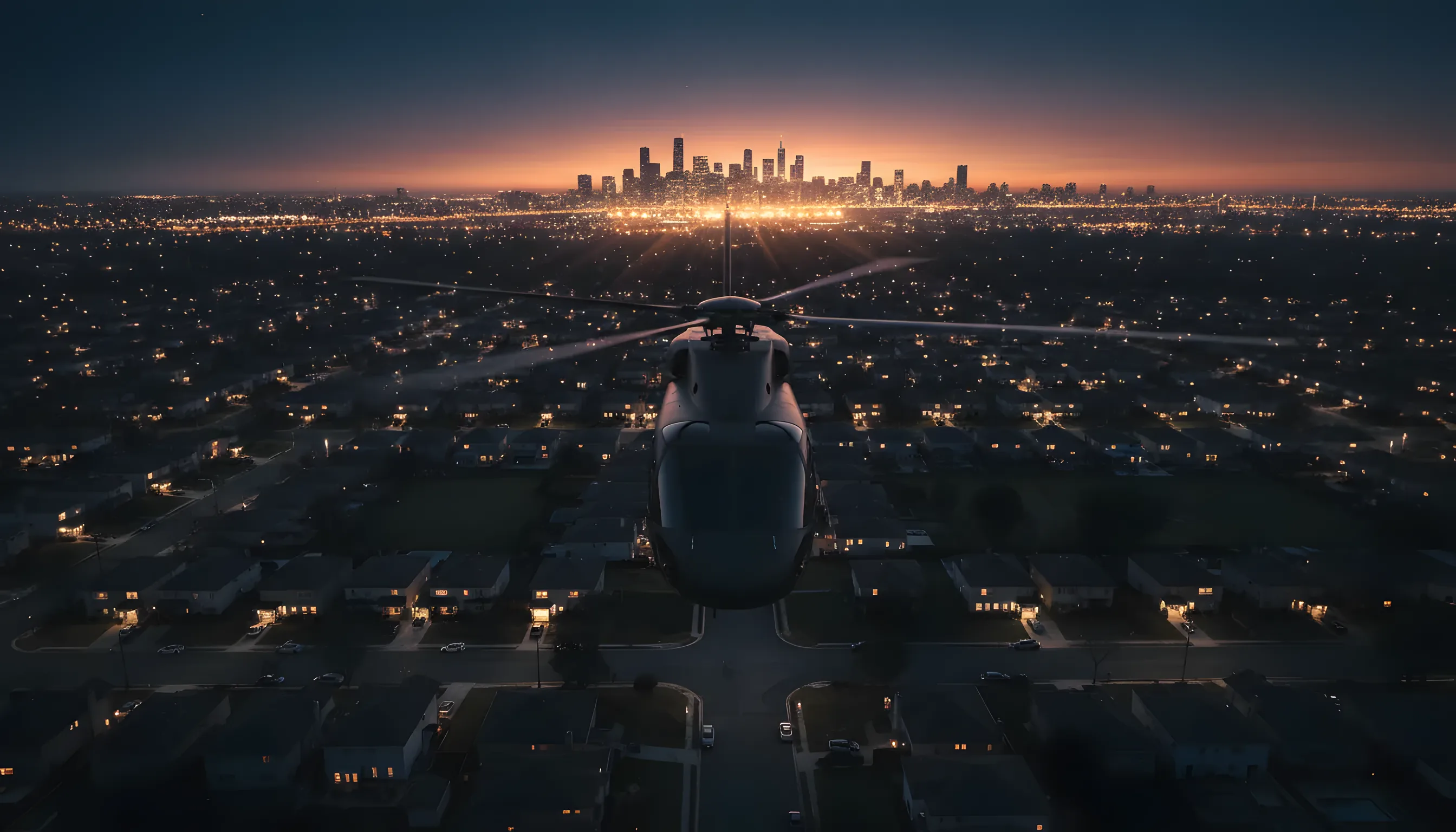 A helicopter flies over a suburban town at dusk, with the lights of a distant city skyline on the horizon.