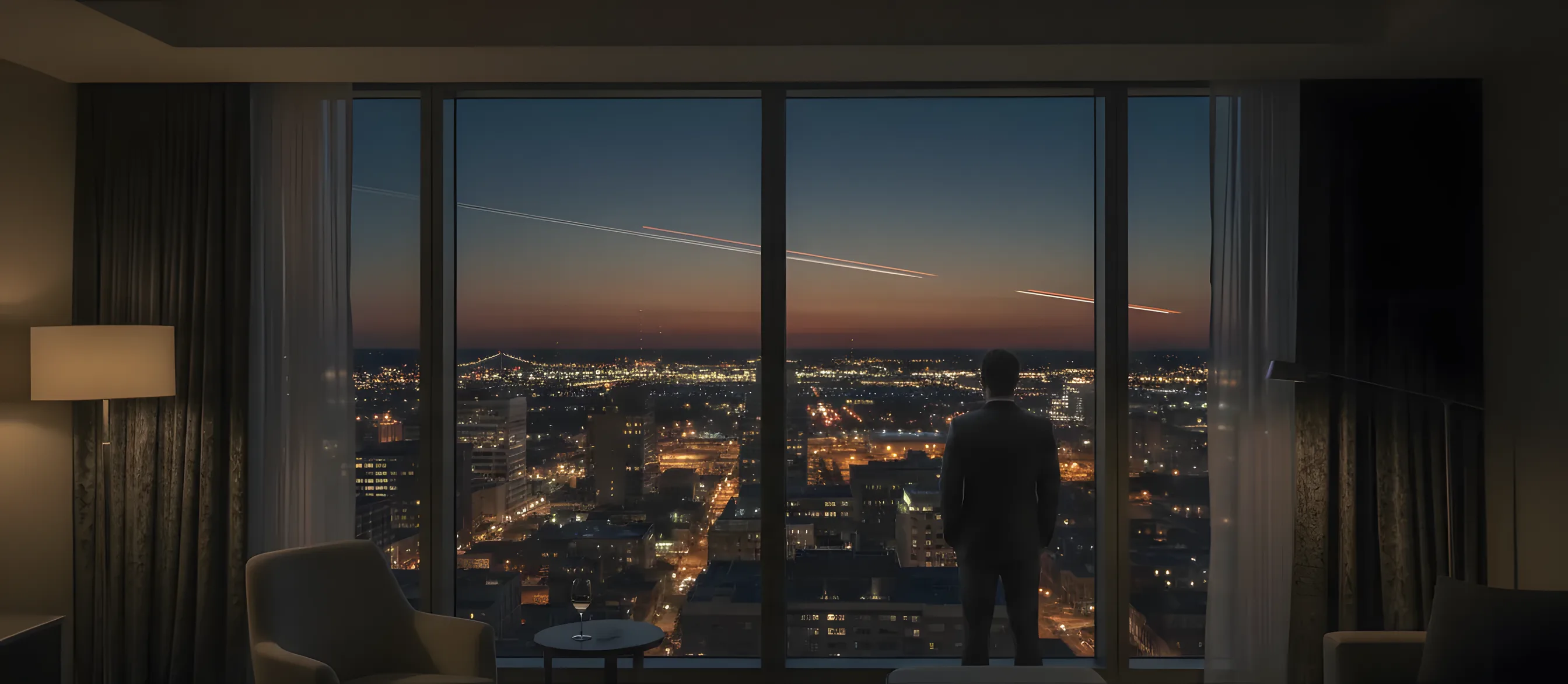 View of Newark Airport at dusk from a nearby hotel room.